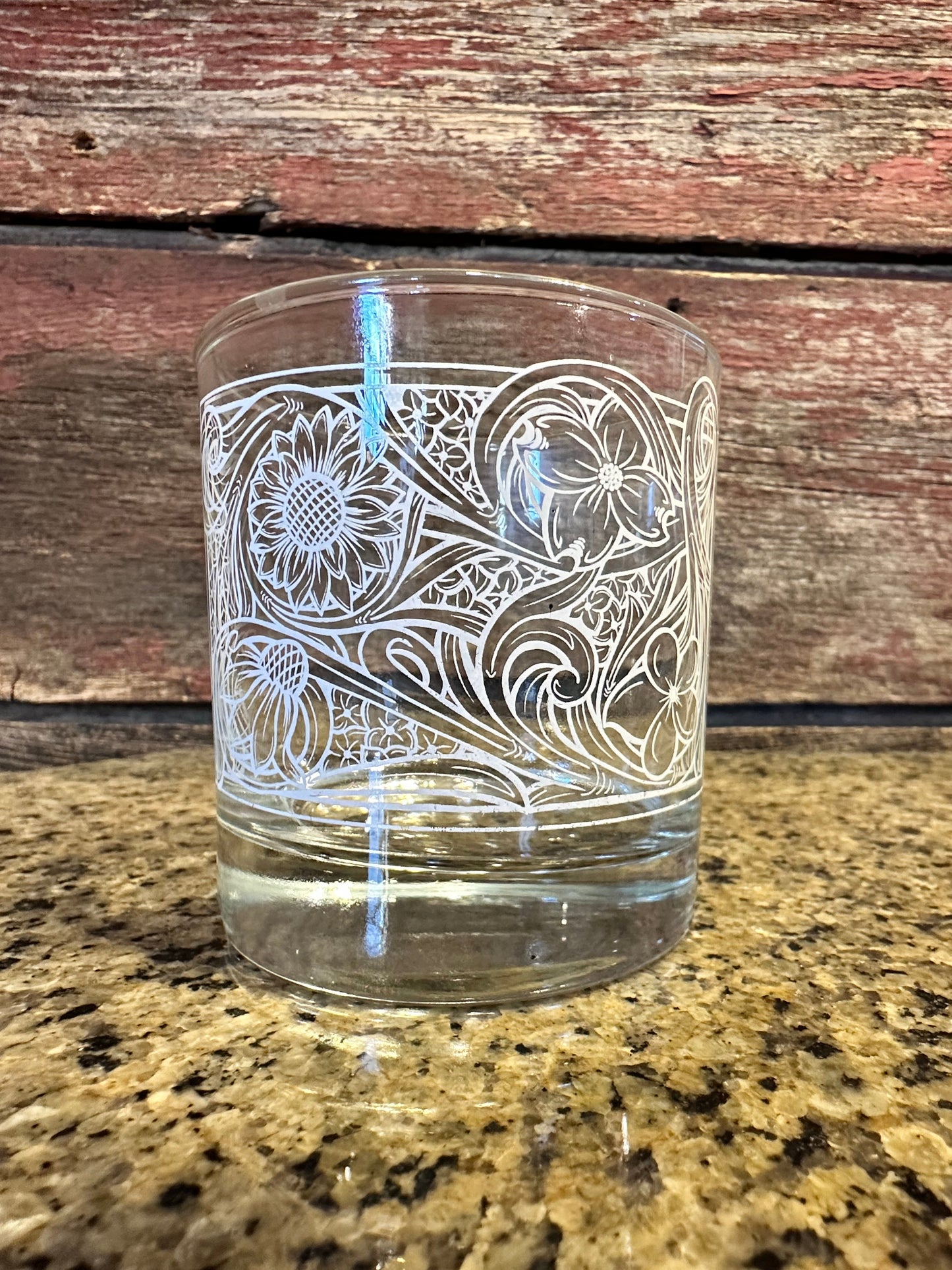 On the Rocks Glass 12 oz floral tooled design The Rodeo Rose