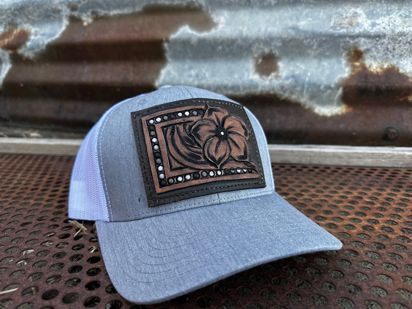 The Pansy Handtooled Leather Patch Cap with Beaded Border