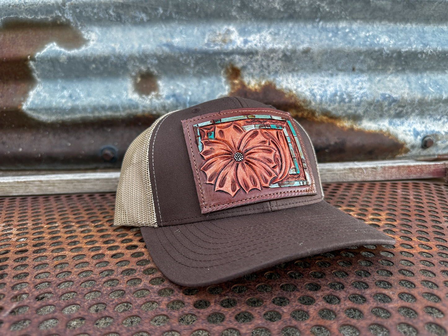 The Daisy Handtooled Leather Patch Cap with Turquoise Southwestern Border