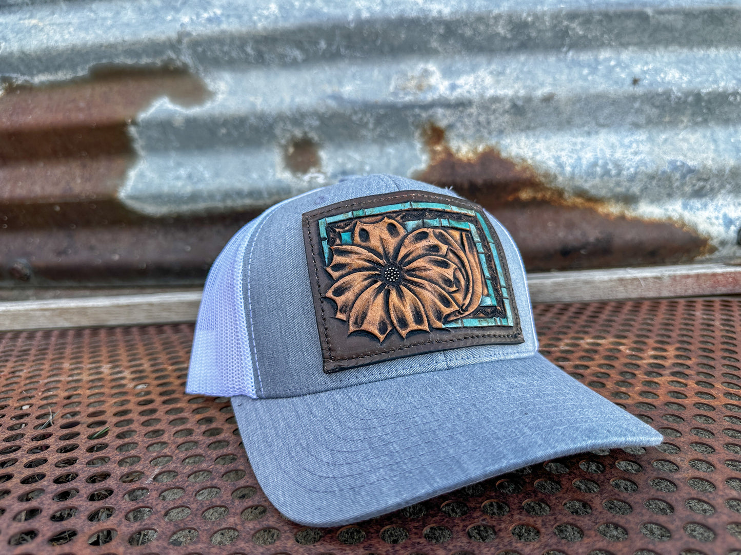 The Daisy Handtooled Leather Patch Cap with Turquoise Southwestern Border