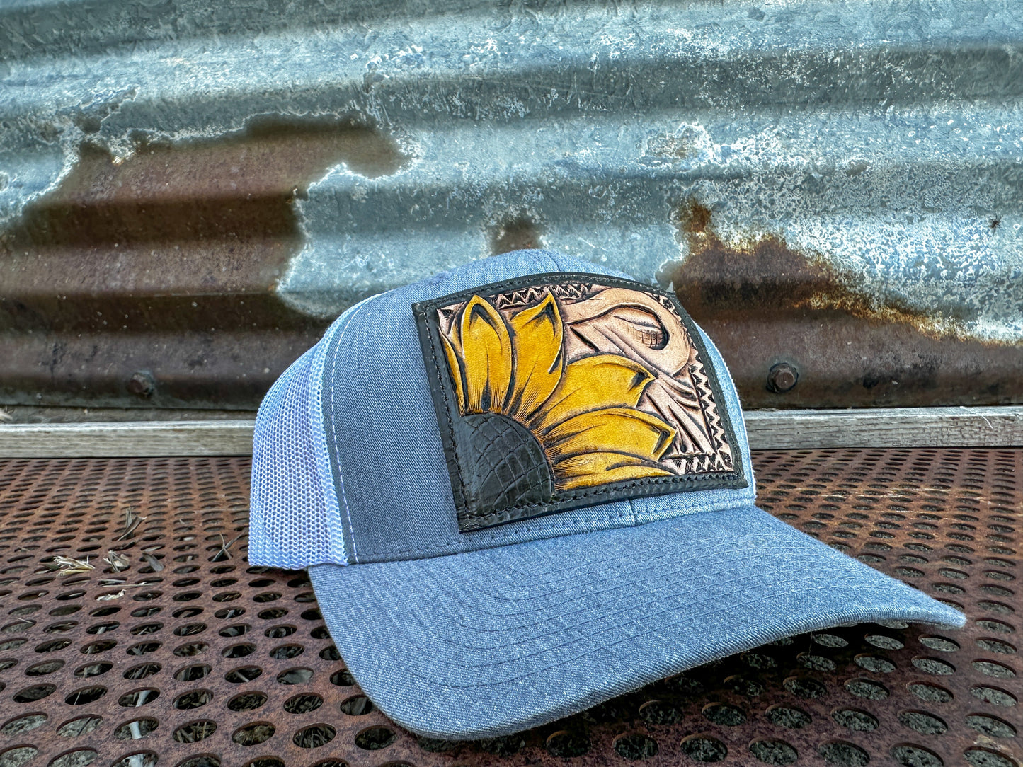 Sunflower and Southwest Handtooled Leather Patch Cap