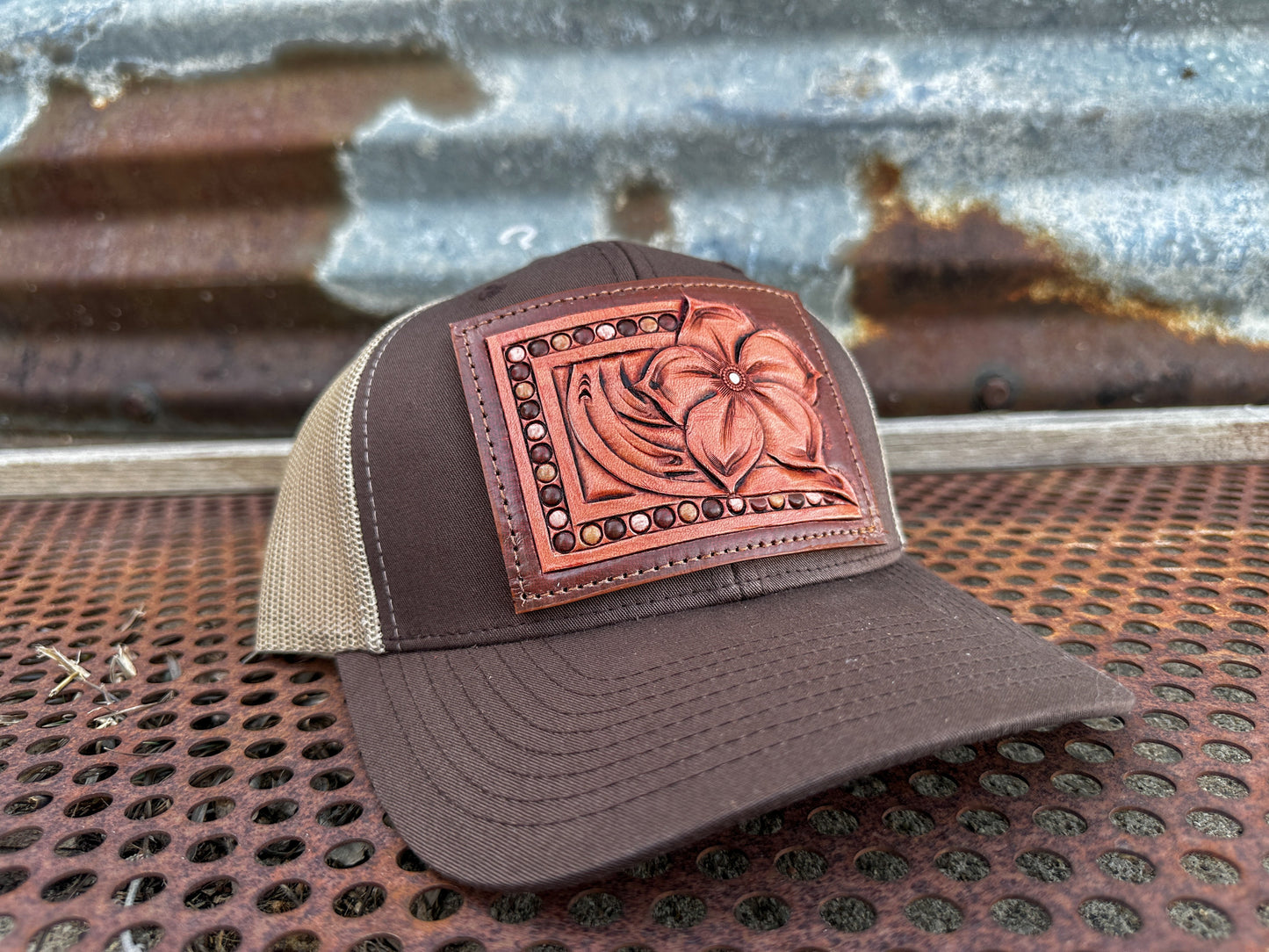 The Pansy Handtooled Leather Patch Cap with Beaded Border