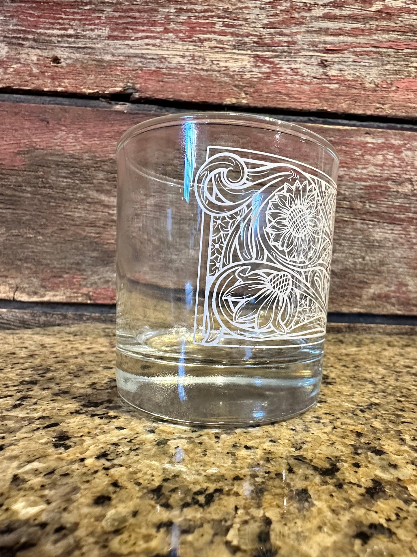 On the Rocks Glass 12 oz floral tooled design The Rodeo Rose