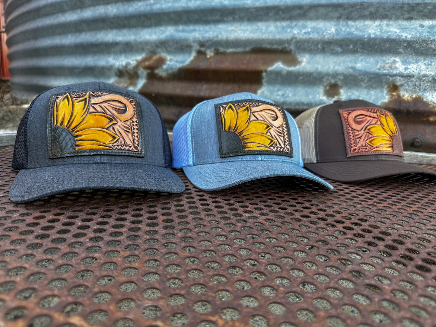 Sunflower and Southwest Handtooled Leather Patch Cap