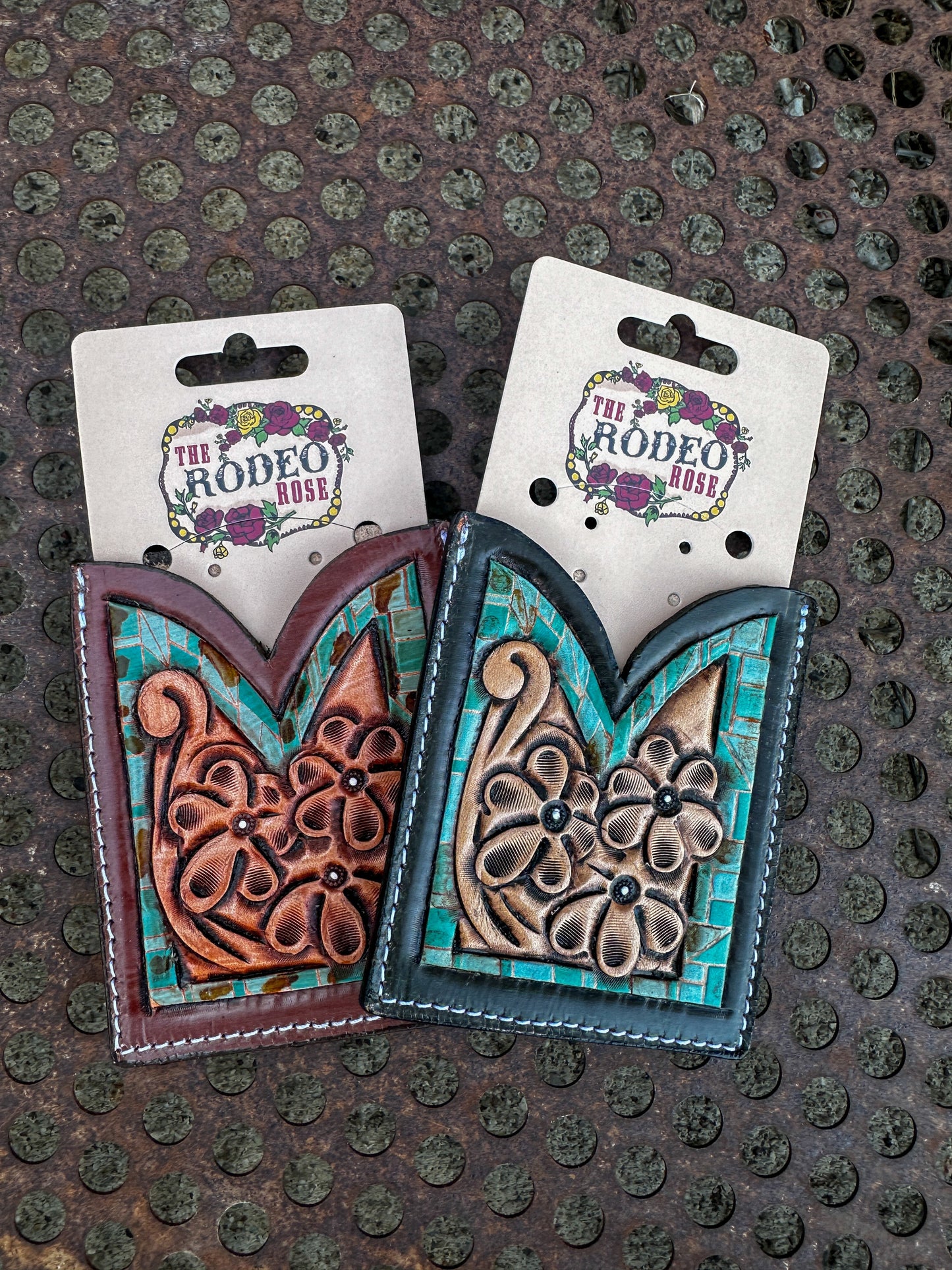 Front Pocket Hand Tooled Leather Wallet with Petite Flowers and Turquoise Border