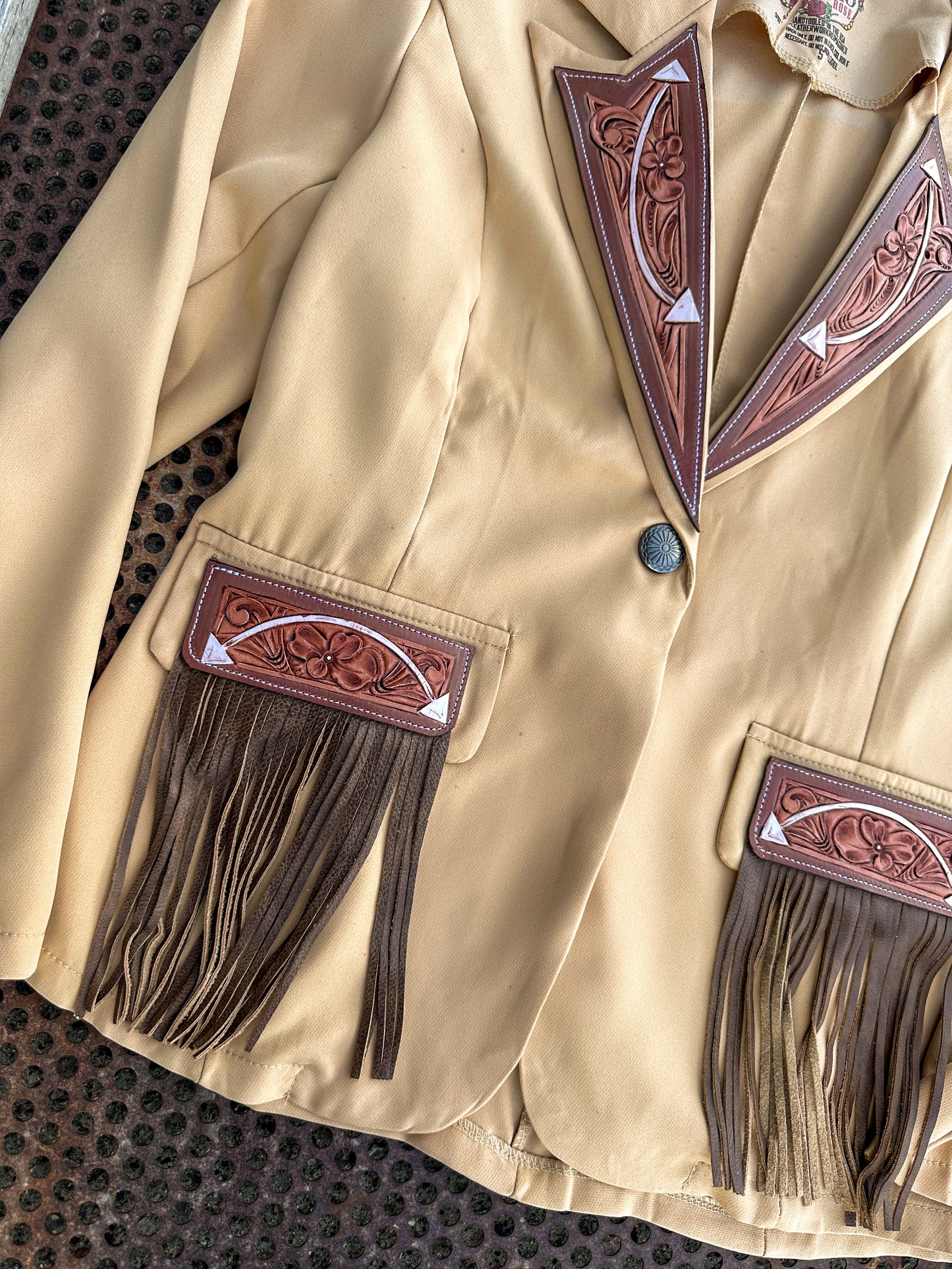 Arrow hand tooled lapel blazer with fringe in tan