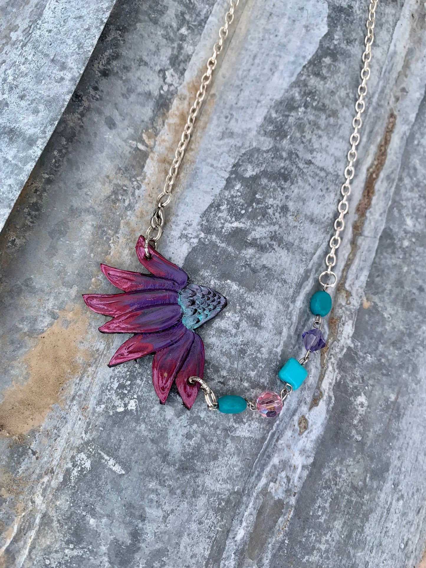 Cone Flower Handtooled Leather Necklace with Crystal Beads and Turquoise The Rodeo Rose