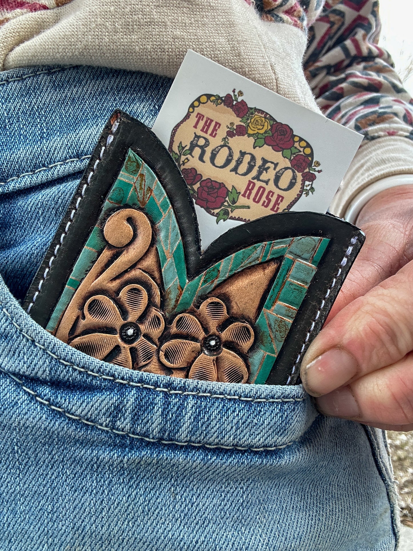 Front Pocket Hand Tooled Leather Wallet with Petite Flowers and Turquoise Border