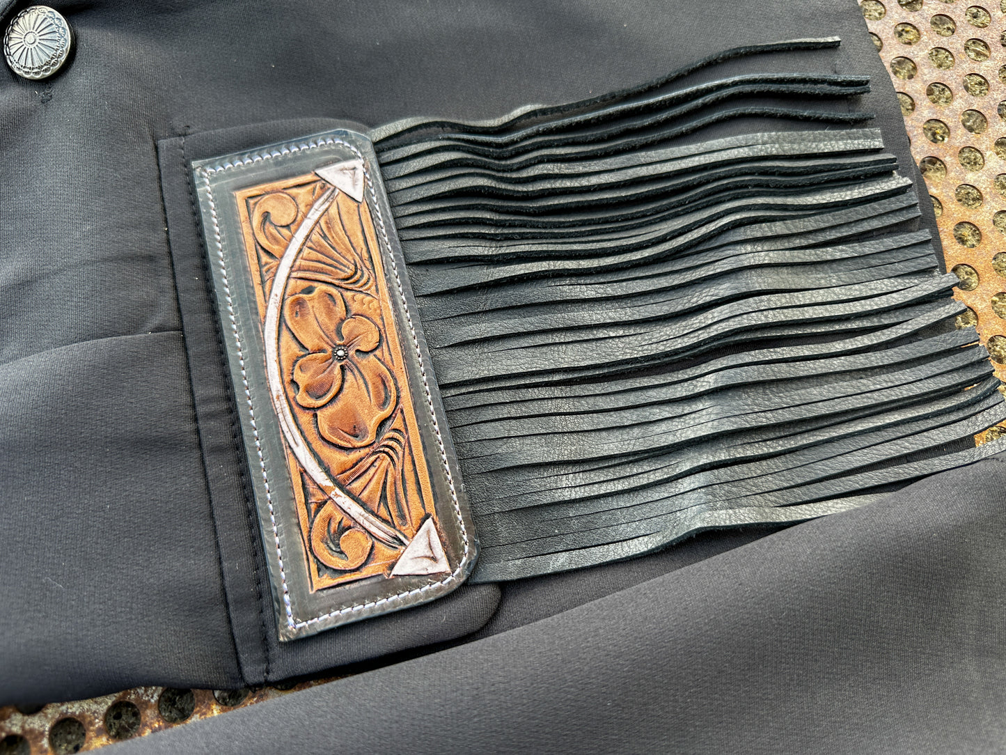 Arrow hand tooled lapel blazer with fringe in black