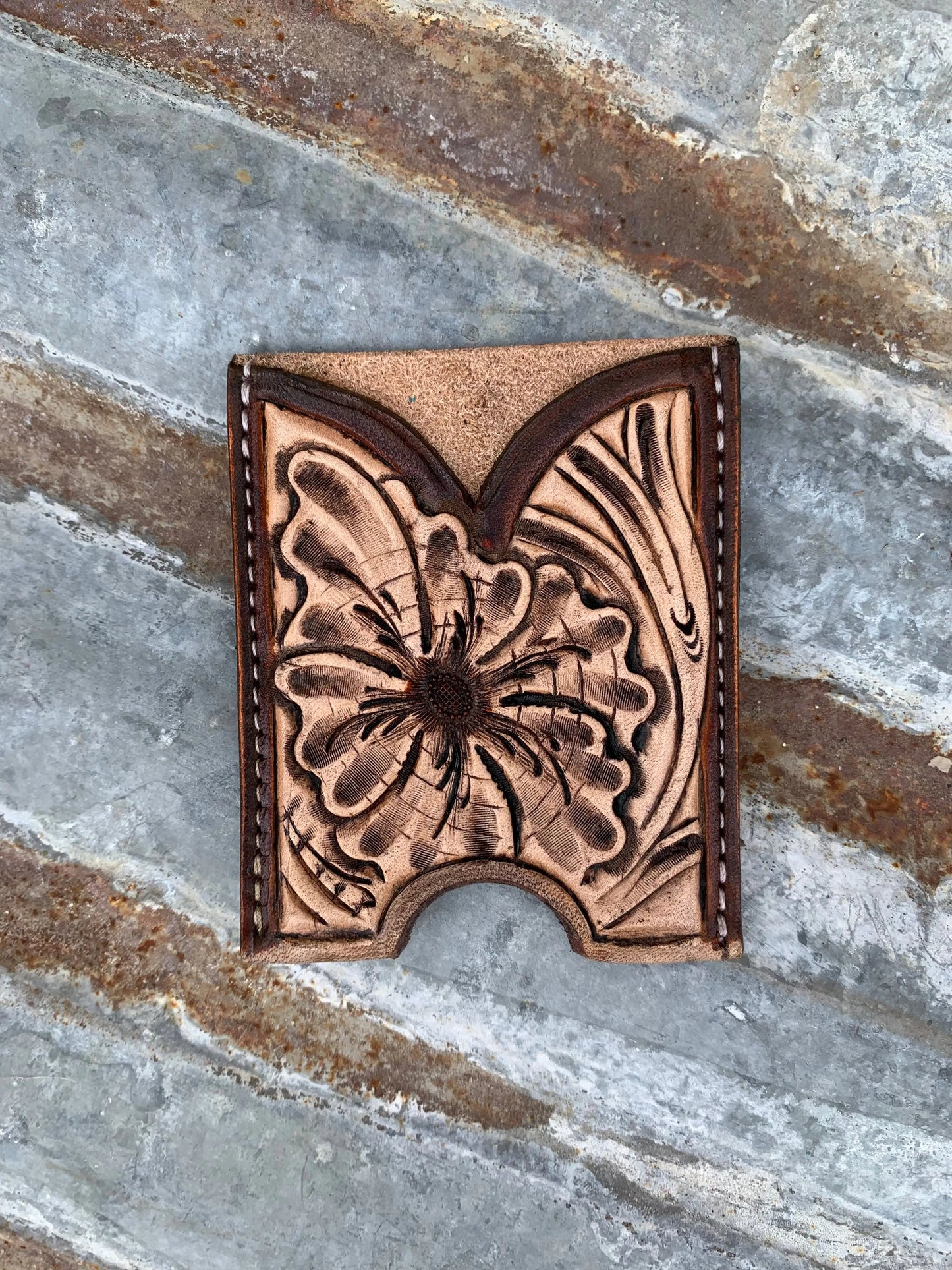 Front Pocket Hand Tooled Leather Wallet with a Sheridan Flower The Rodeo Rose