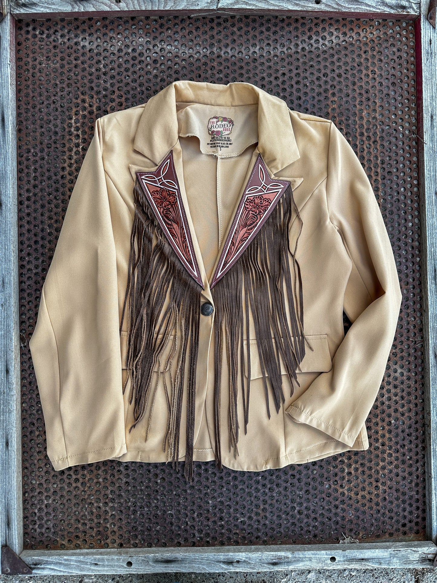 Boot stitch hand tooled lapel blazer with fringe in tan