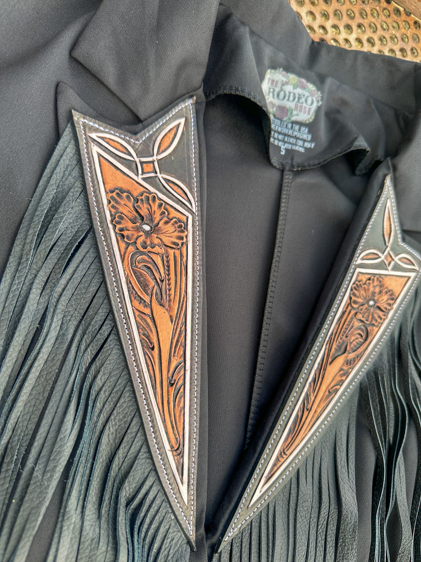 Boot stitch hand tooled lapel blazer with fringe in black