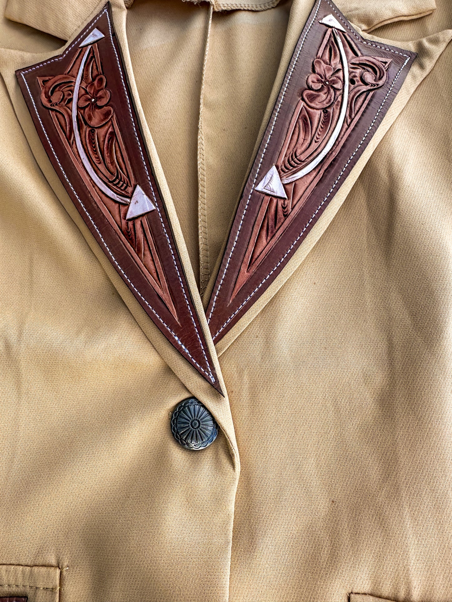 Arrow hand tooled lapel blazer with fringe in tan