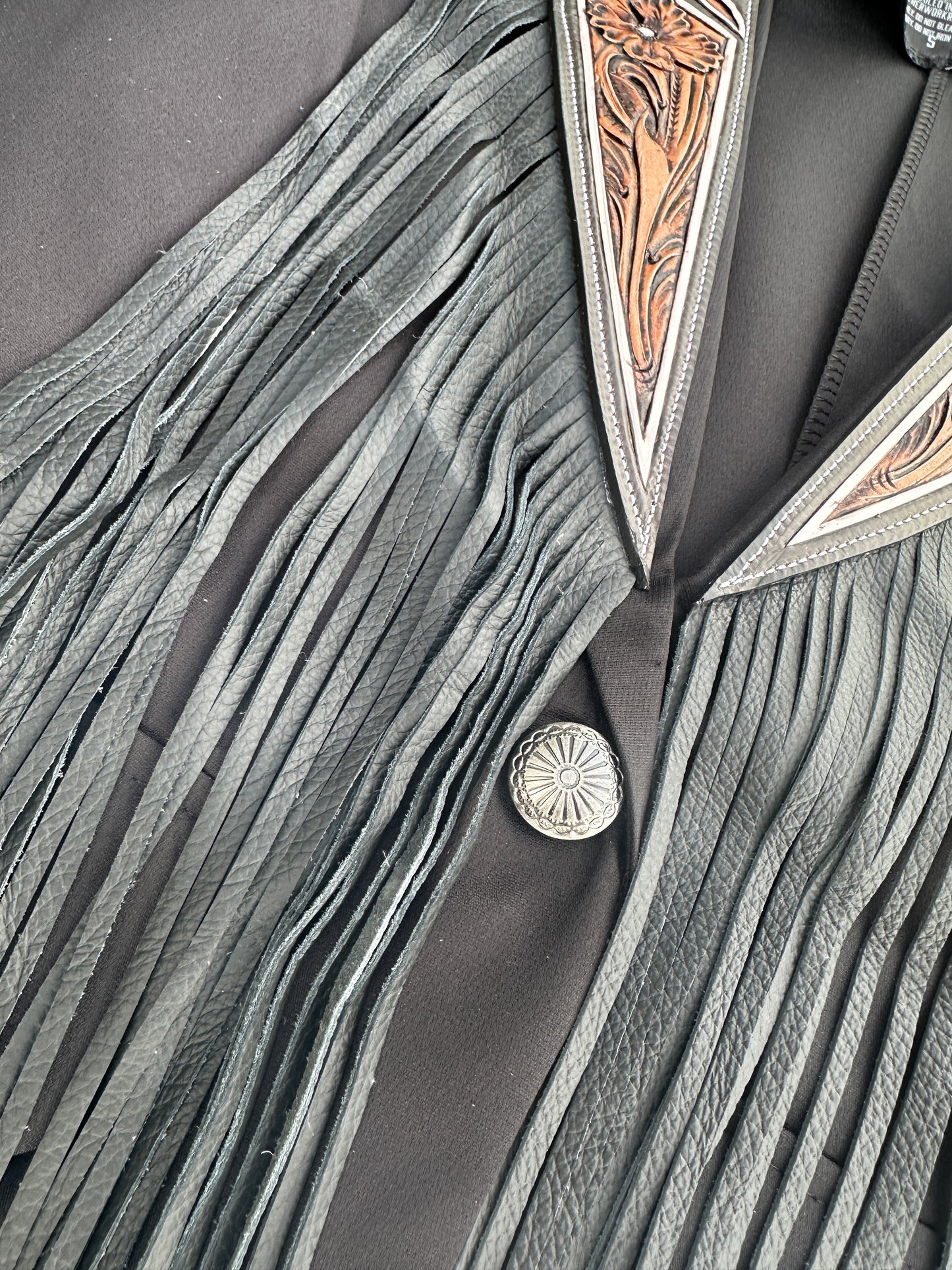 Boot stitch hand tooled lapel blazer with fringe in black