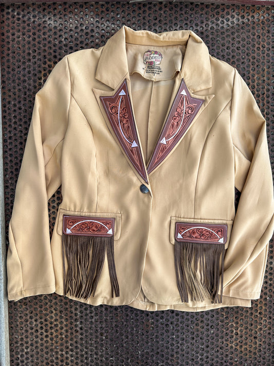 Arrow hand tooled lapel blazer with fringe in tan