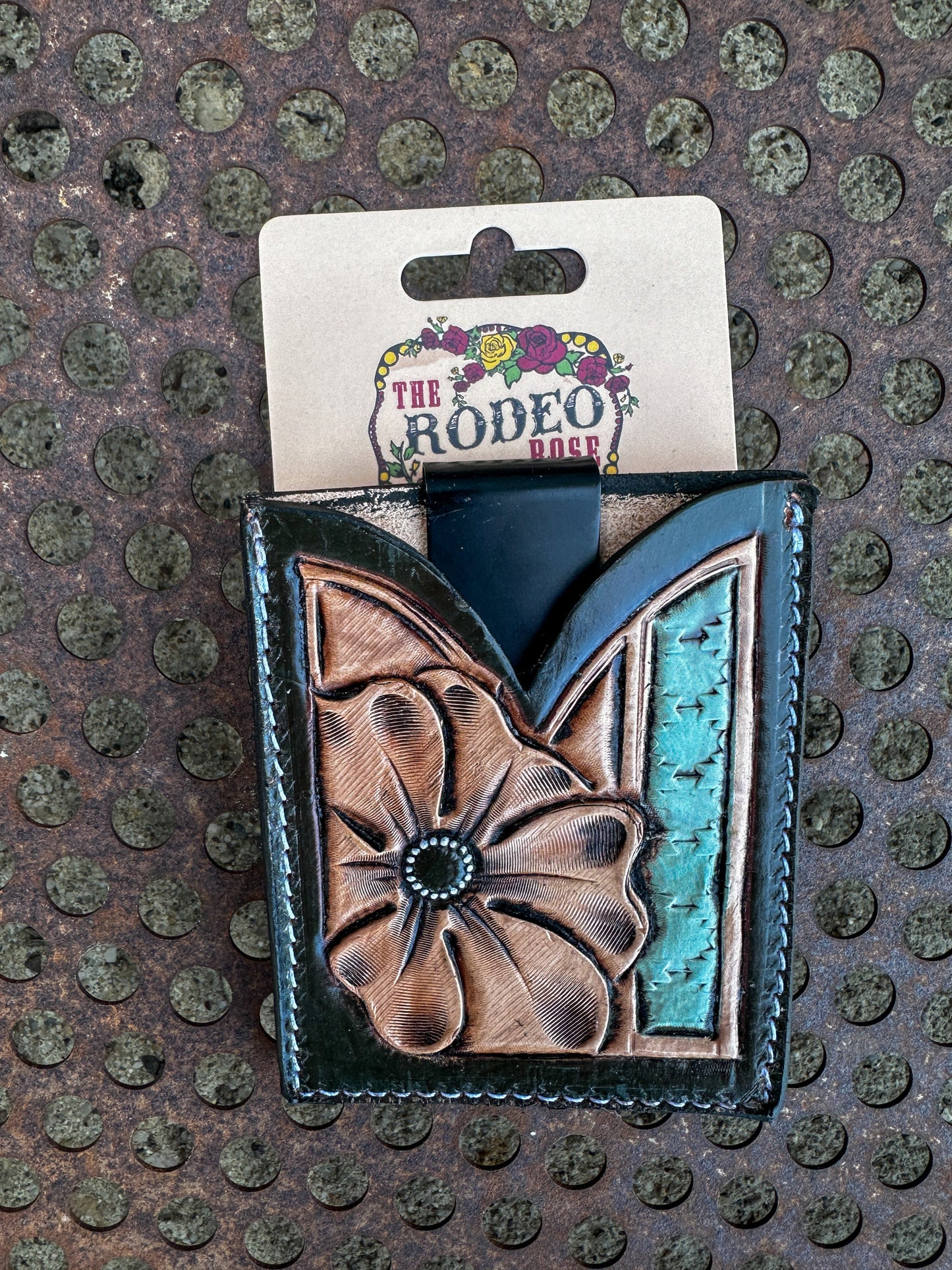 Hand Tooled Leather Boot Wallet with Flower and Southwest Bar