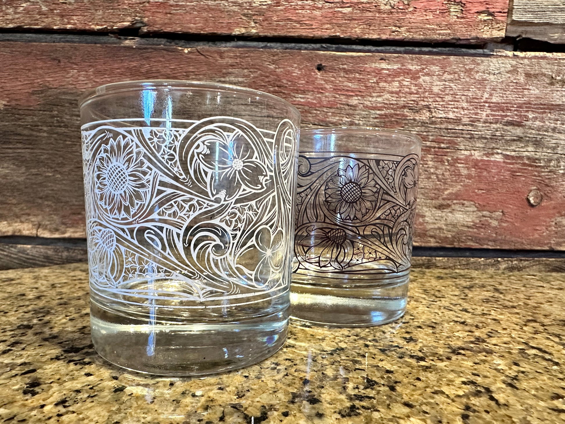 On the Rocks Glass 12 oz floral tooled design The Rodeo Rose