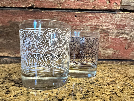 On the Rocks Glass 12 oz floral tooled design The Rodeo Rose