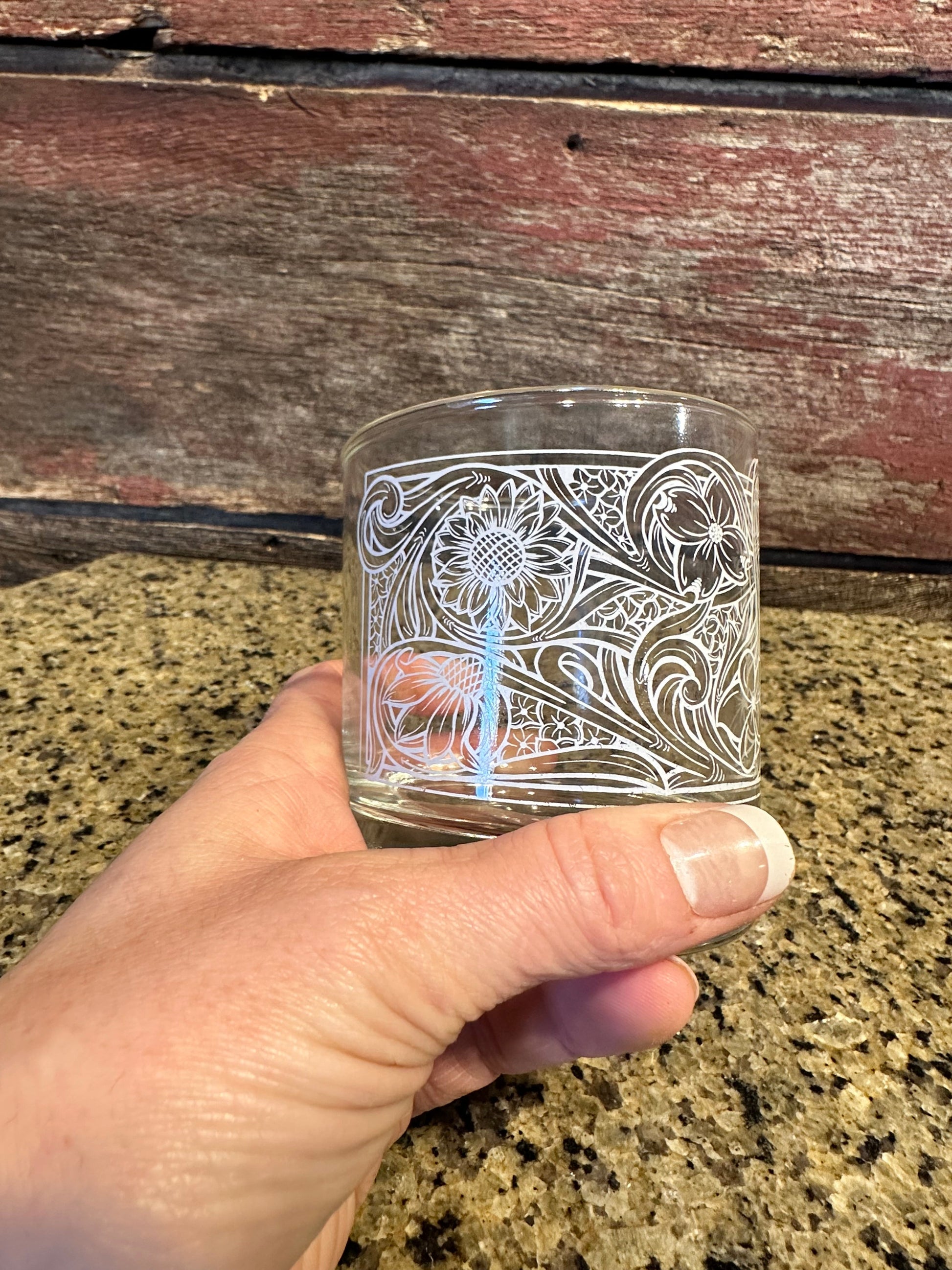 On the Rocks Glass 12 oz floral tooled design The Rodeo Rose