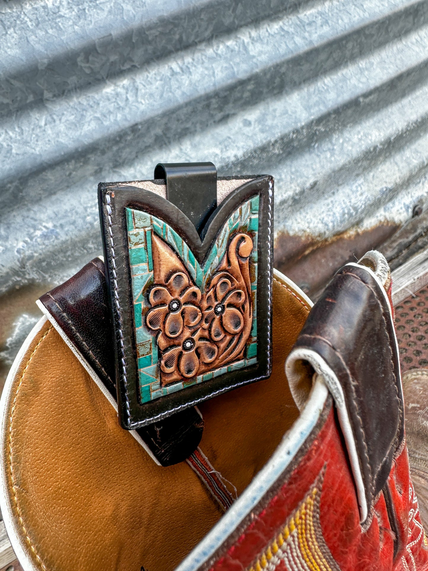 Hand Tooled Leather Boot Wallet with Petite Flowers and Turquoise Border