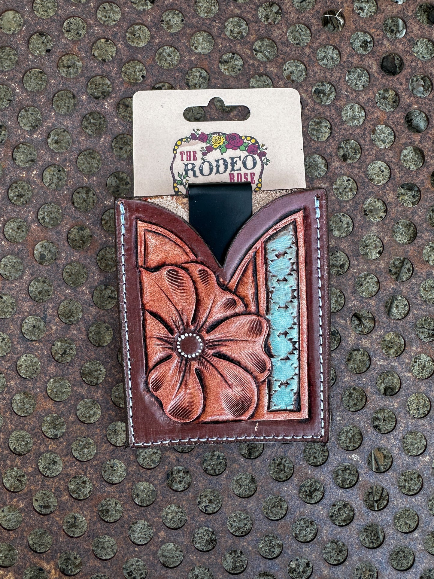 Hand Tooled Leather Boot Wallet with Flower and Southwest Bar