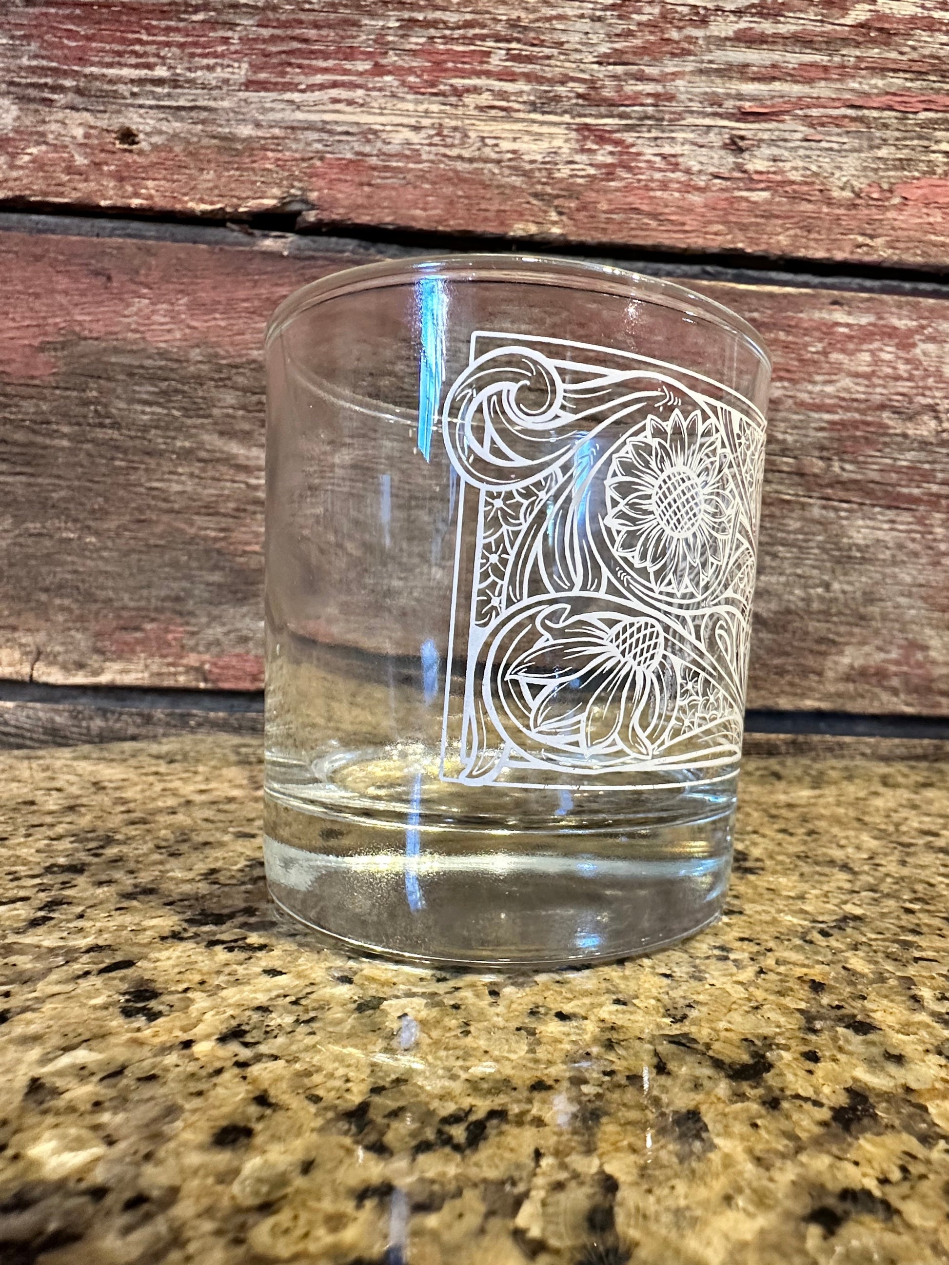 On the Rocks Glass 12 oz floral tooled design The Rodeo Rose