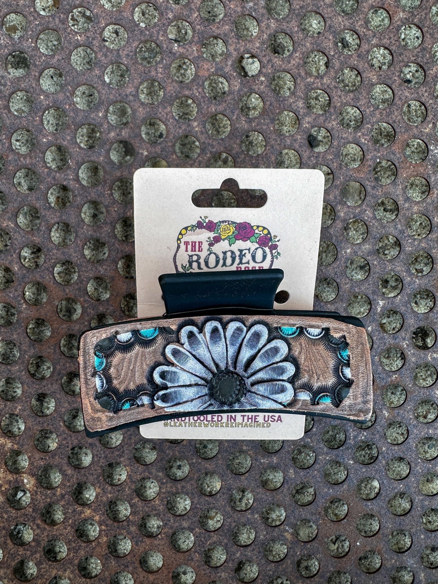 Hand tooled Leather Hair clip Gerbera