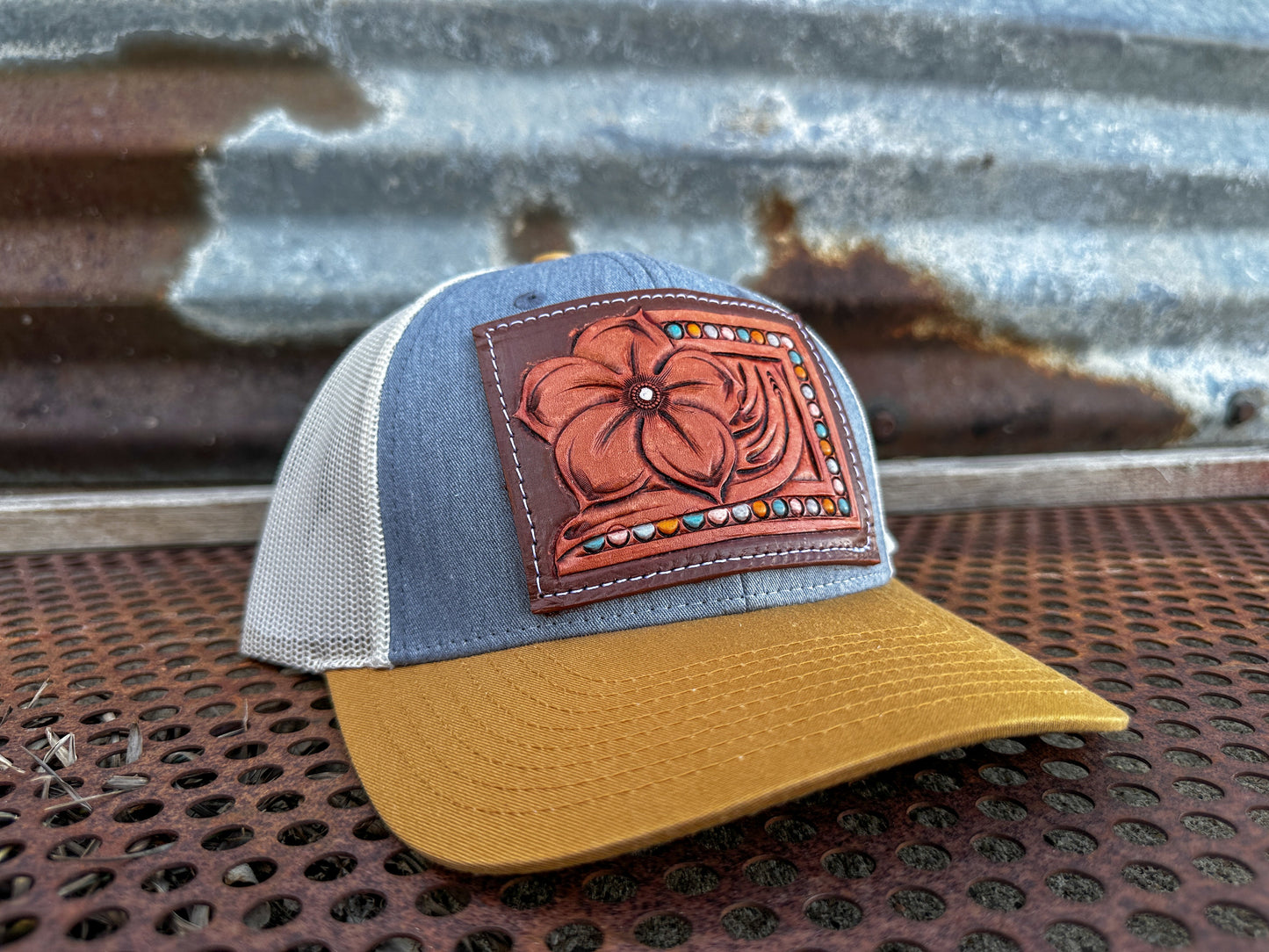 The Pansy Handtooled Leather Patch Cap with Beaded Border