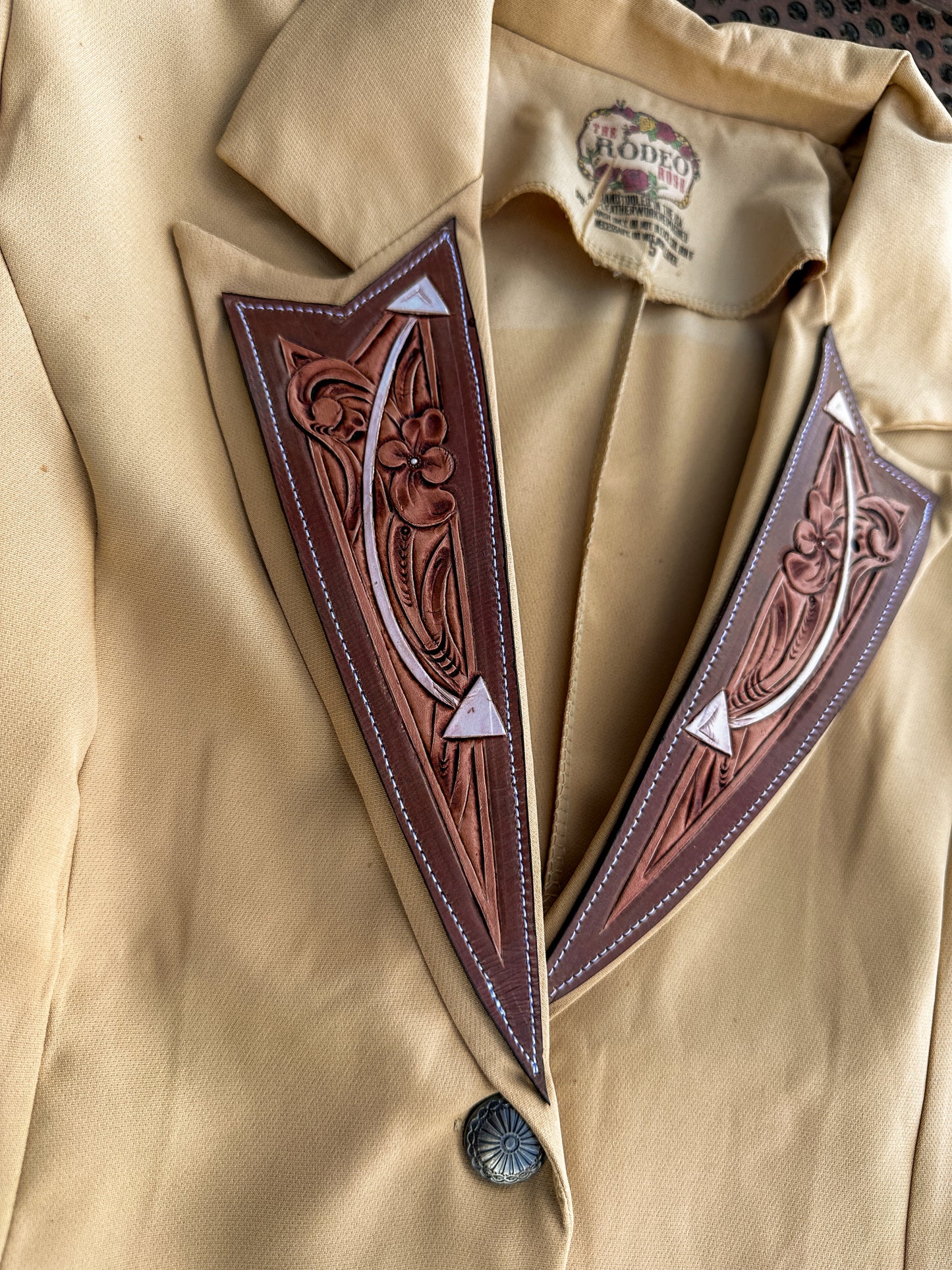 Arrow hand tooled lapel blazer with fringe in tan
