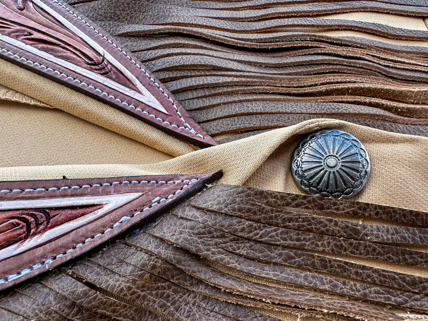 Boot stitch hand tooled lapel blazer with fringe in tan