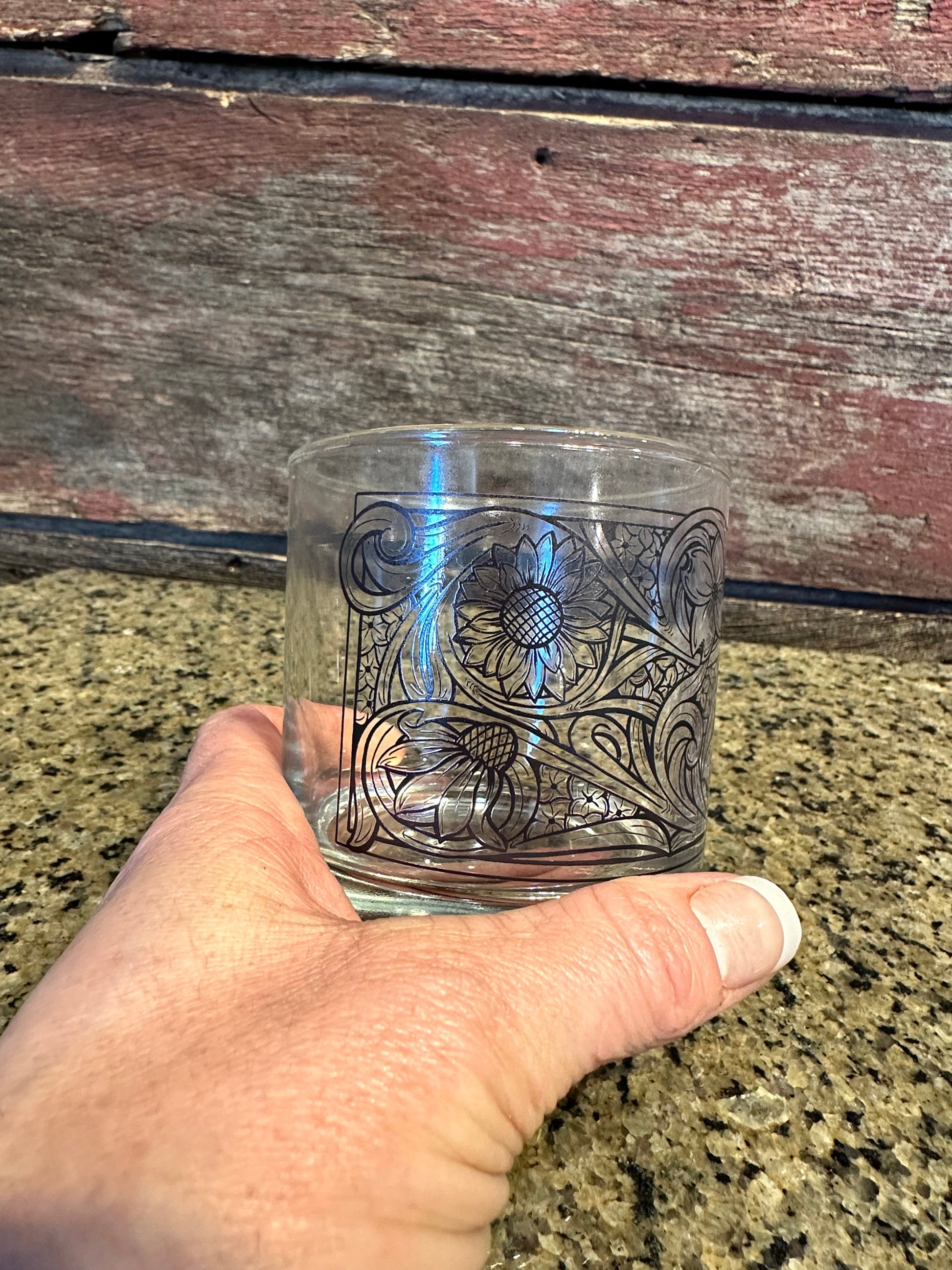 On the Rocks Glass 12 oz floral tooled design The Rodeo Rose