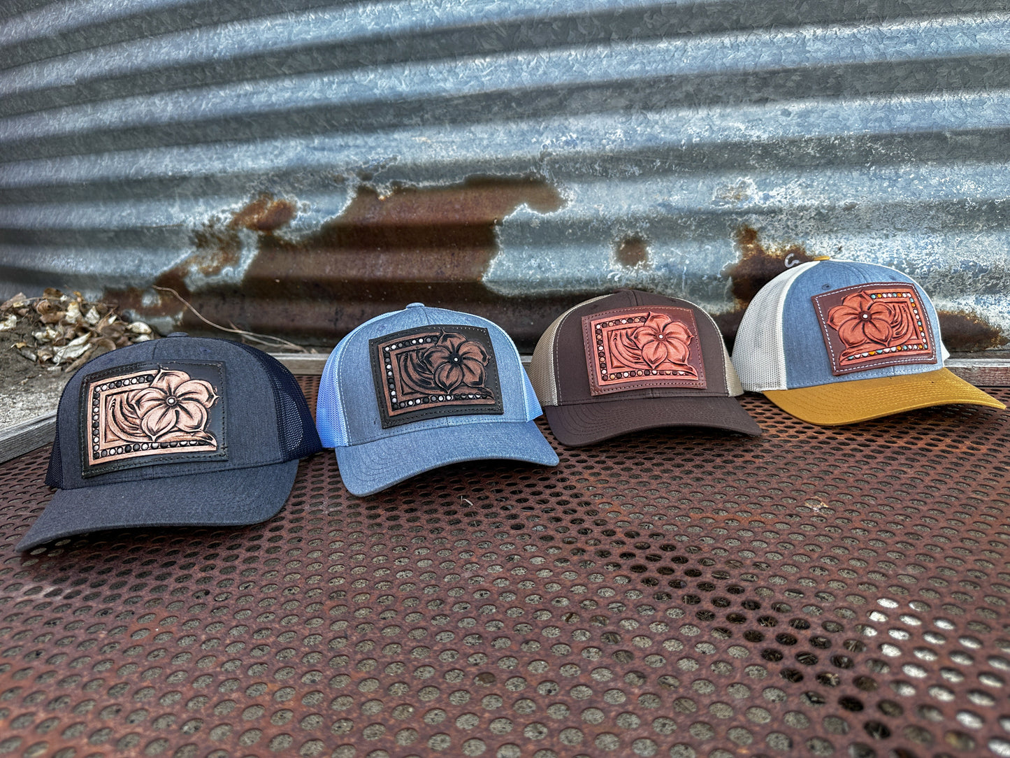 The Pansy Handtooled Leather Patch Cap with Beaded Border