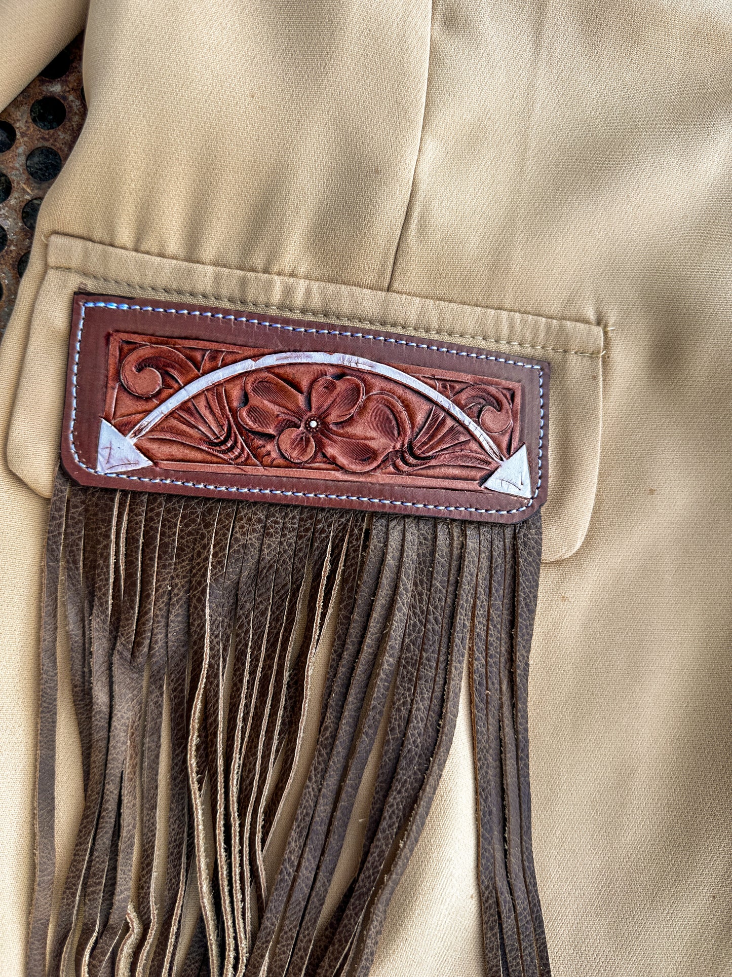 Arrow hand tooled lapel blazer with fringe in tan