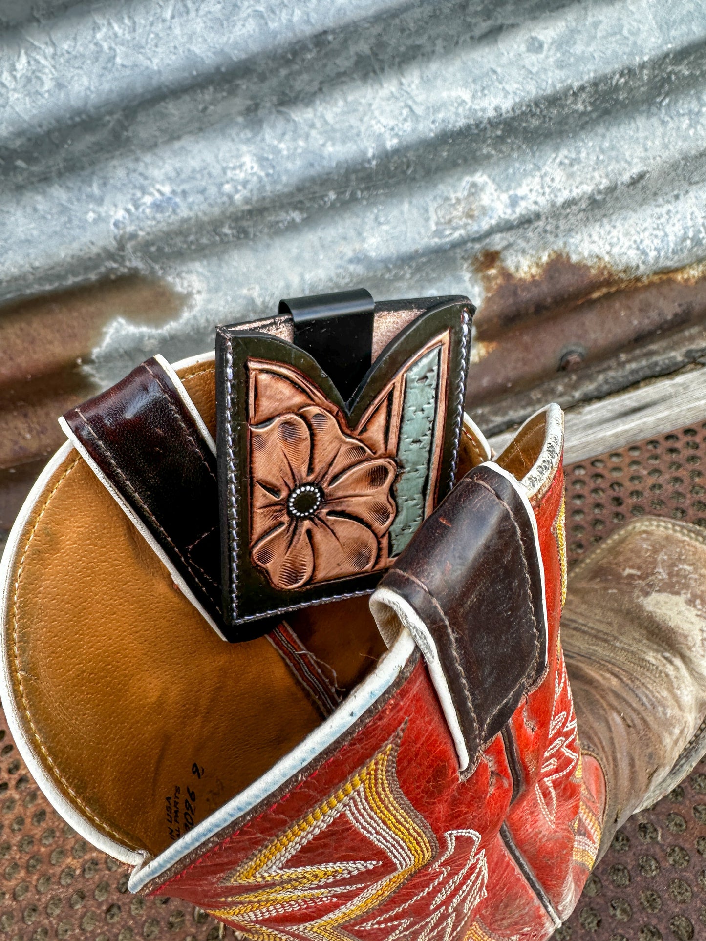 Hand Tooled Leather Boot Wallet with Flower and Southwest Bar
