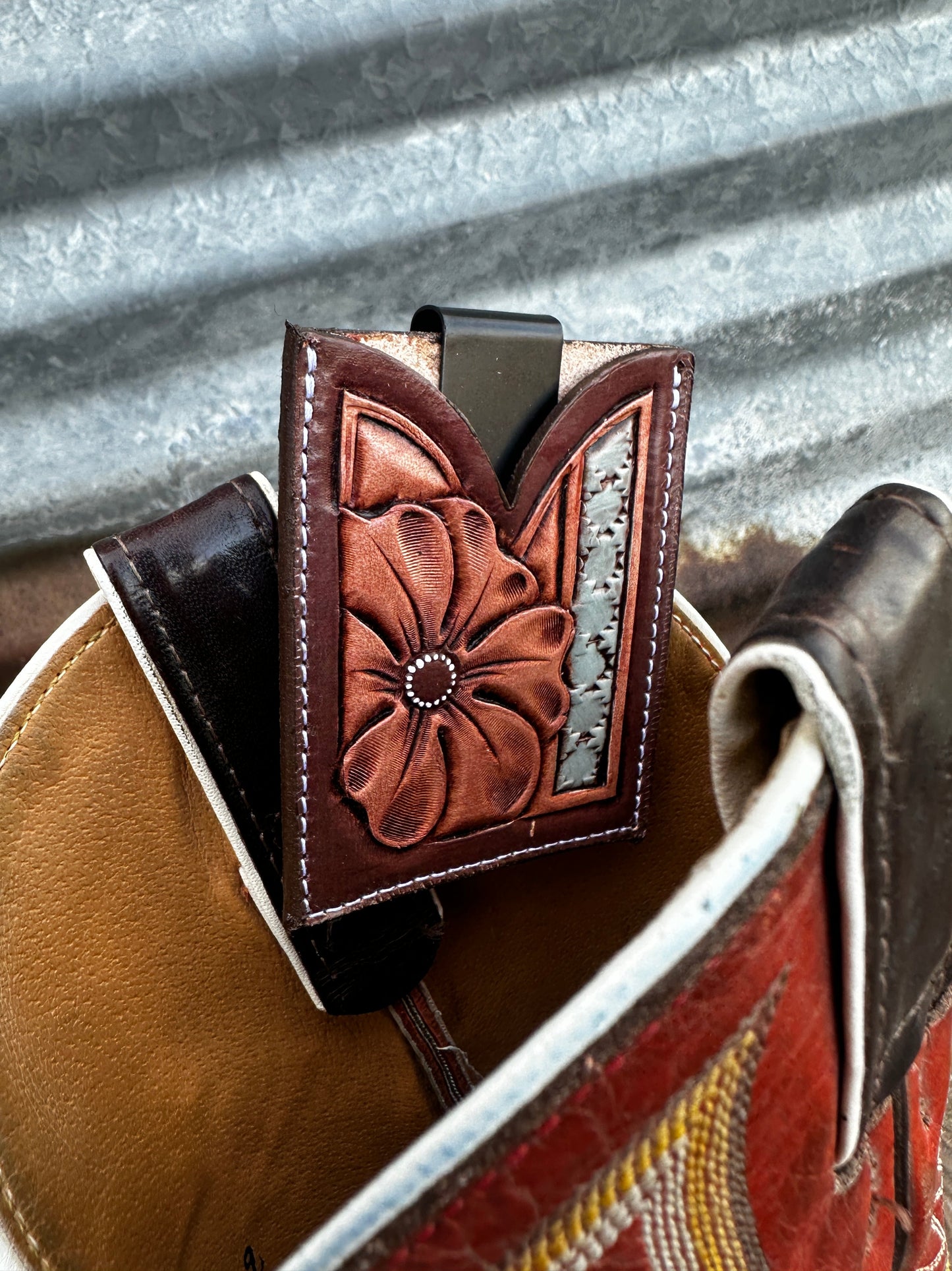 Hand Tooled Leather Boot Wallet with Flower and Southwest Bar
