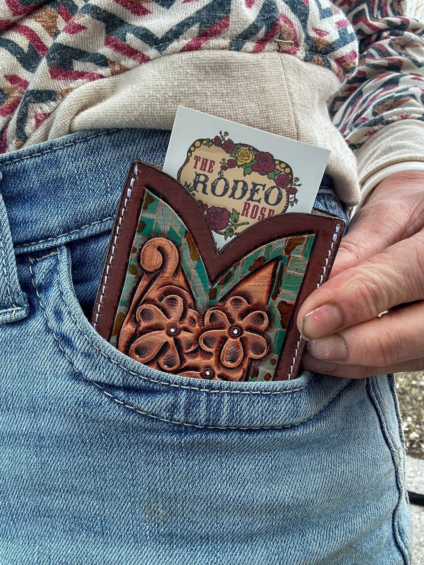 Front Pocket Hand Tooled Leather Wallet with Petite Flowers and Turquoise Border