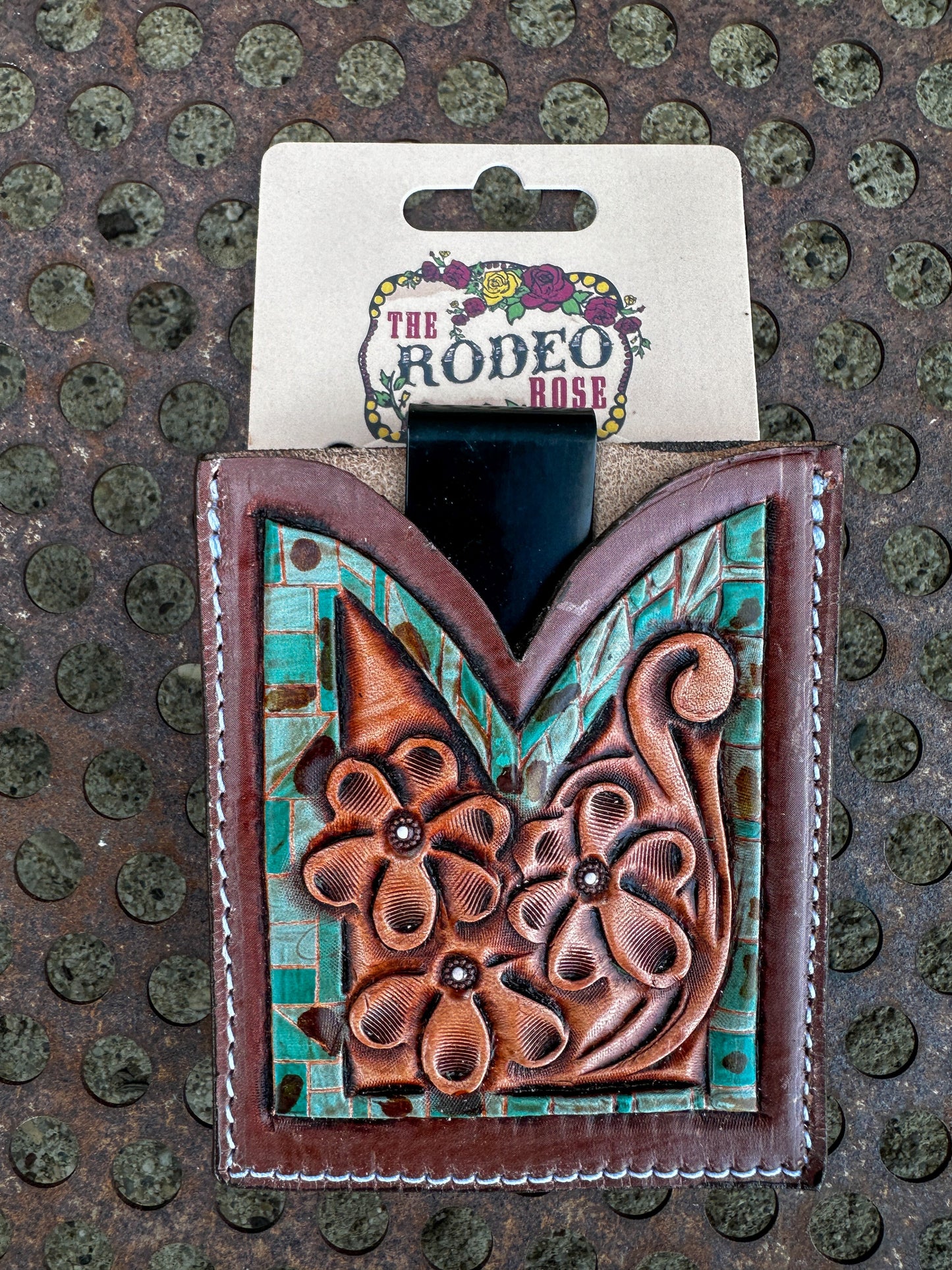 Hand Tooled Leather Boot Wallet with Petite Flowers and Turquoise Border