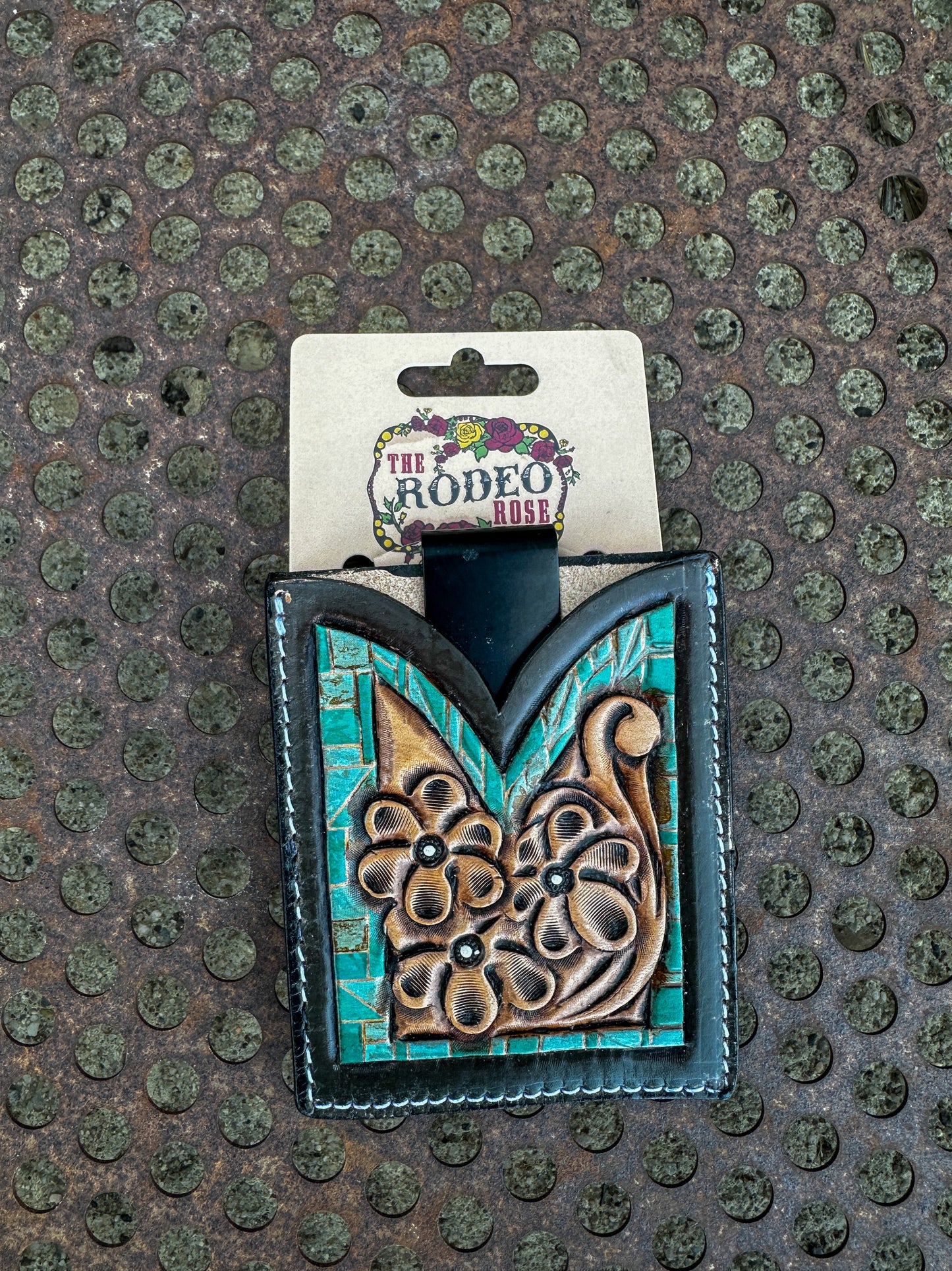Hand Tooled Leather Boot Wallet with Petite Flowers and Turquoise Border