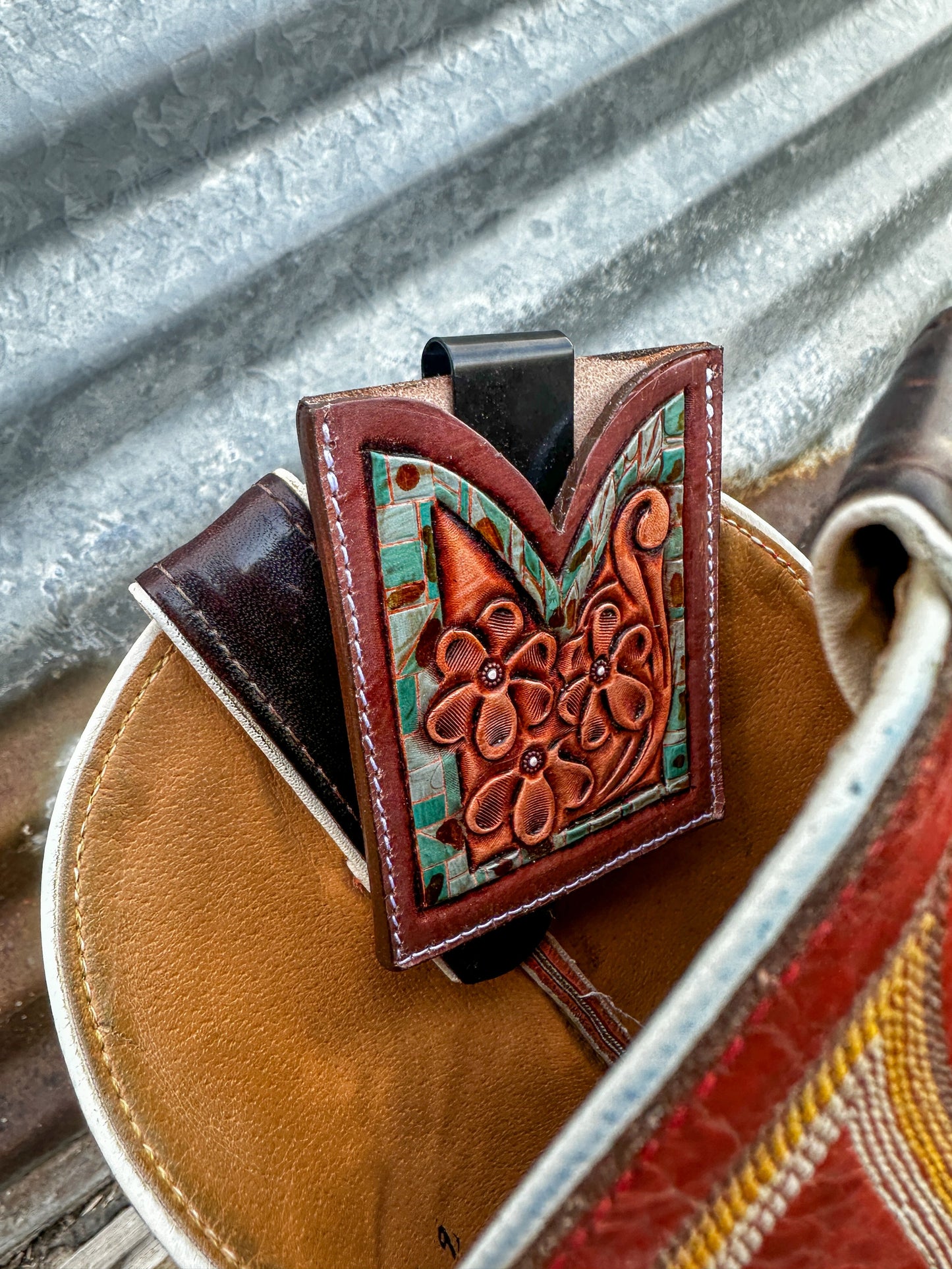 Hand Tooled Leather Boot Wallet with Petite Flowers and Turquoise Border