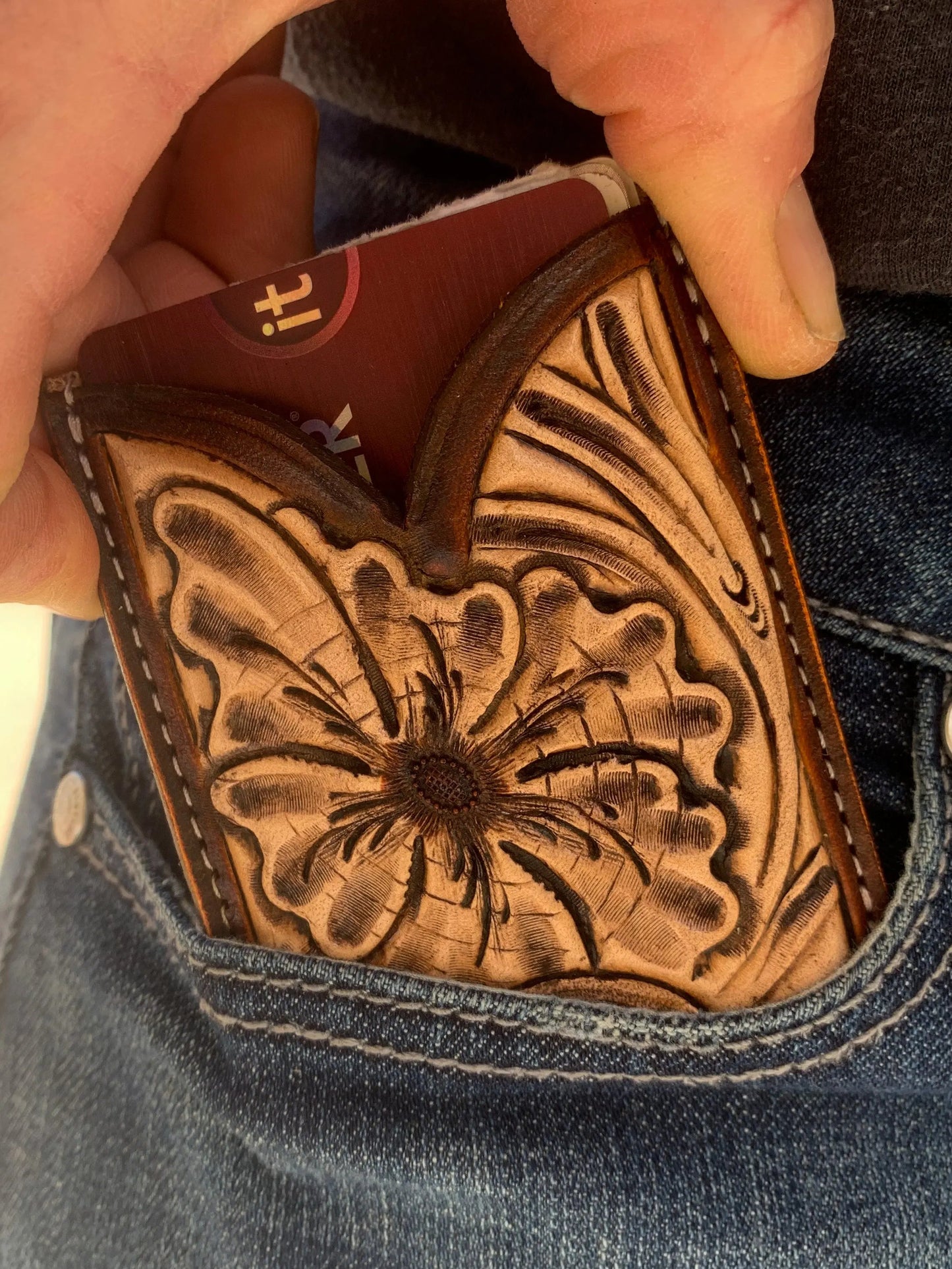 Front Pocket Hand Tooled Leather Wallet with a Sheridan Flower The Rodeo Rose