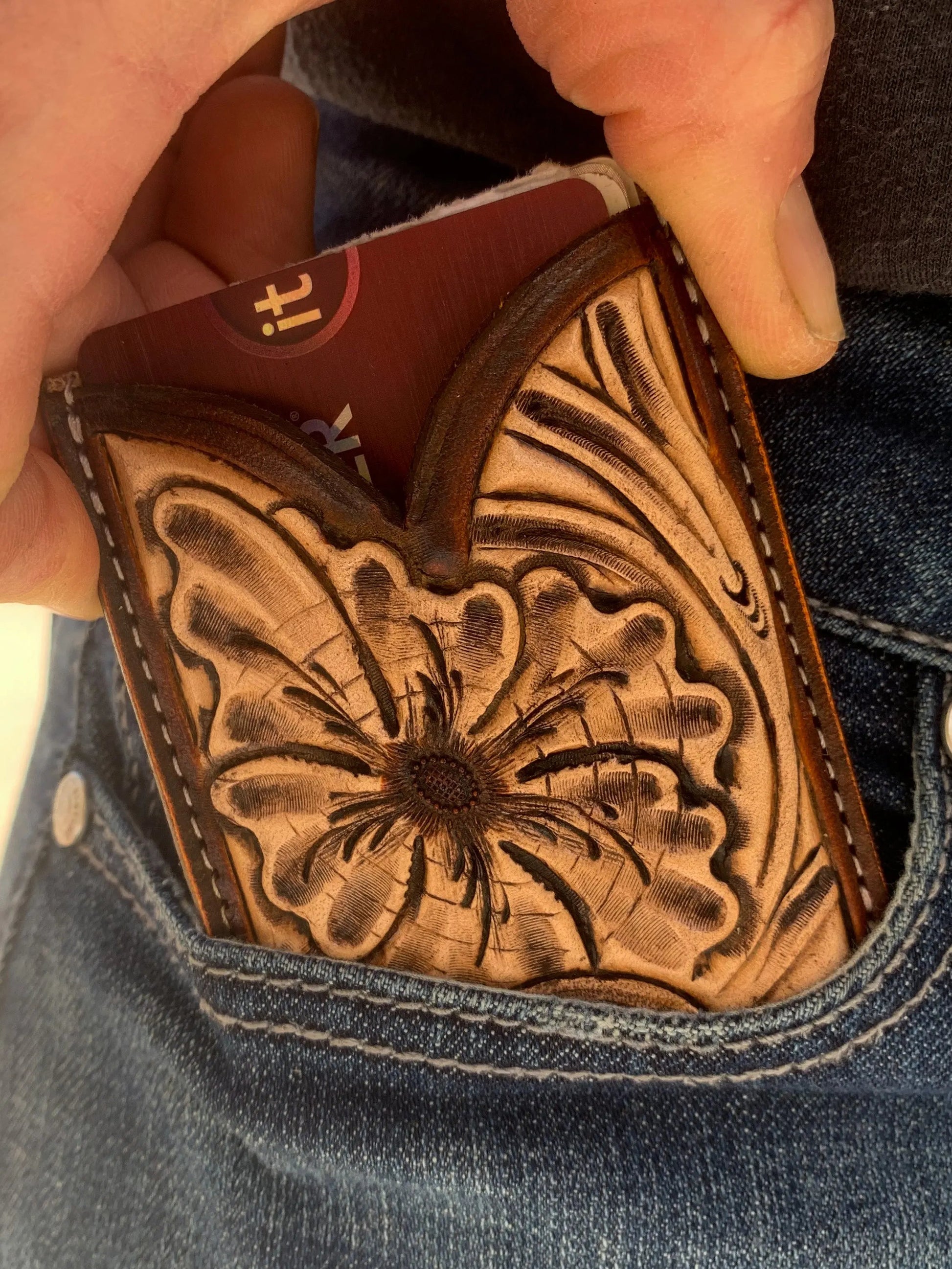 Front Pocket Hand Tooled Leather Wallet with a Sheridan Flower The Rodeo Rose