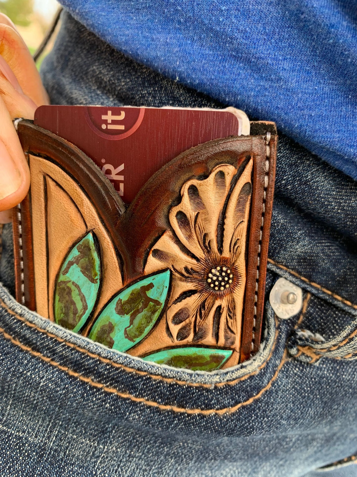 Front Pocket Hand Tooled Leather Wallet with a Turquoise Sun and Flower The Rodeo Rose