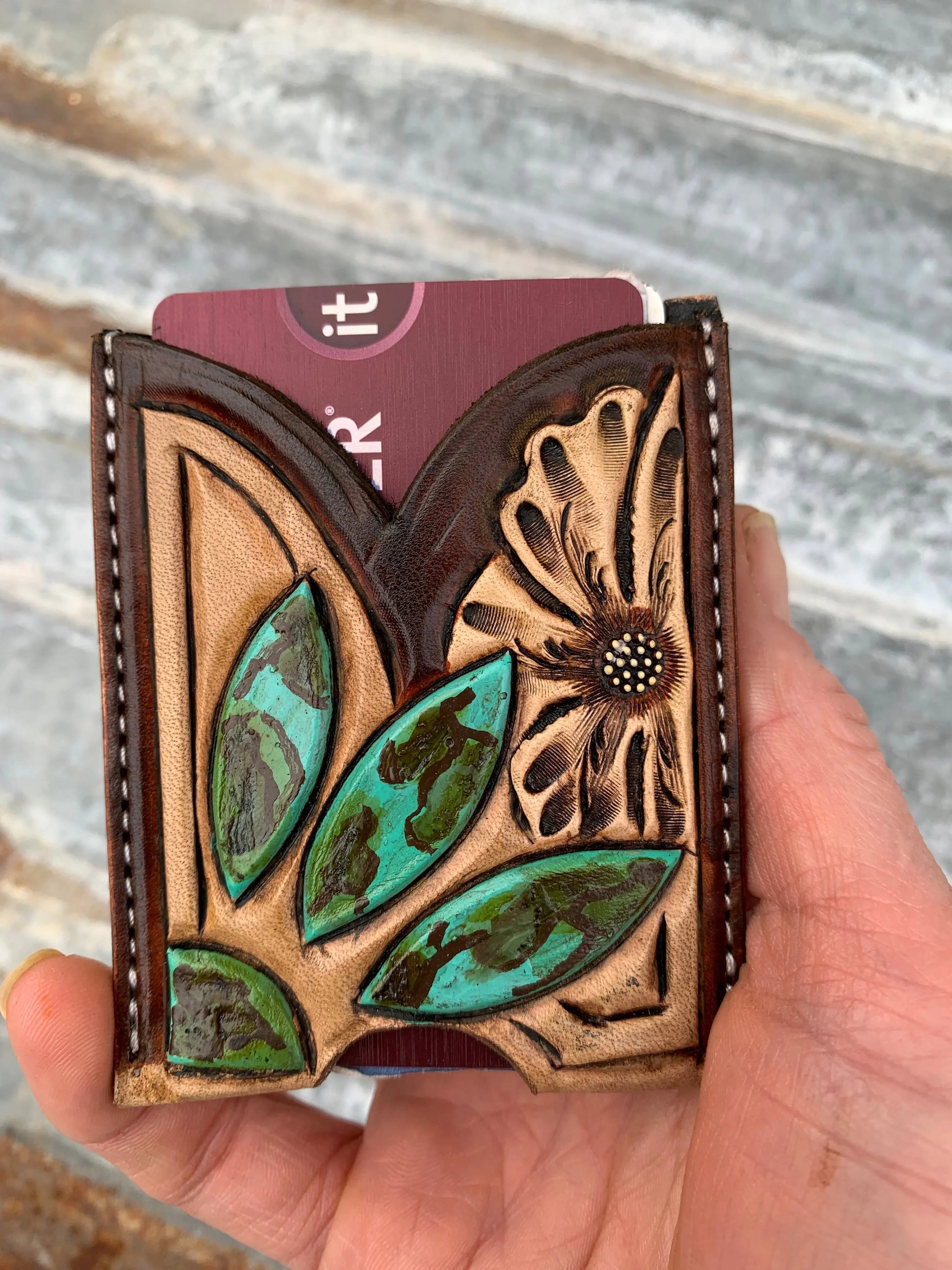 Front Pocket Hand Tooled Leather Wallet with a Turquoise Sun and Flower The Rodeo Rose