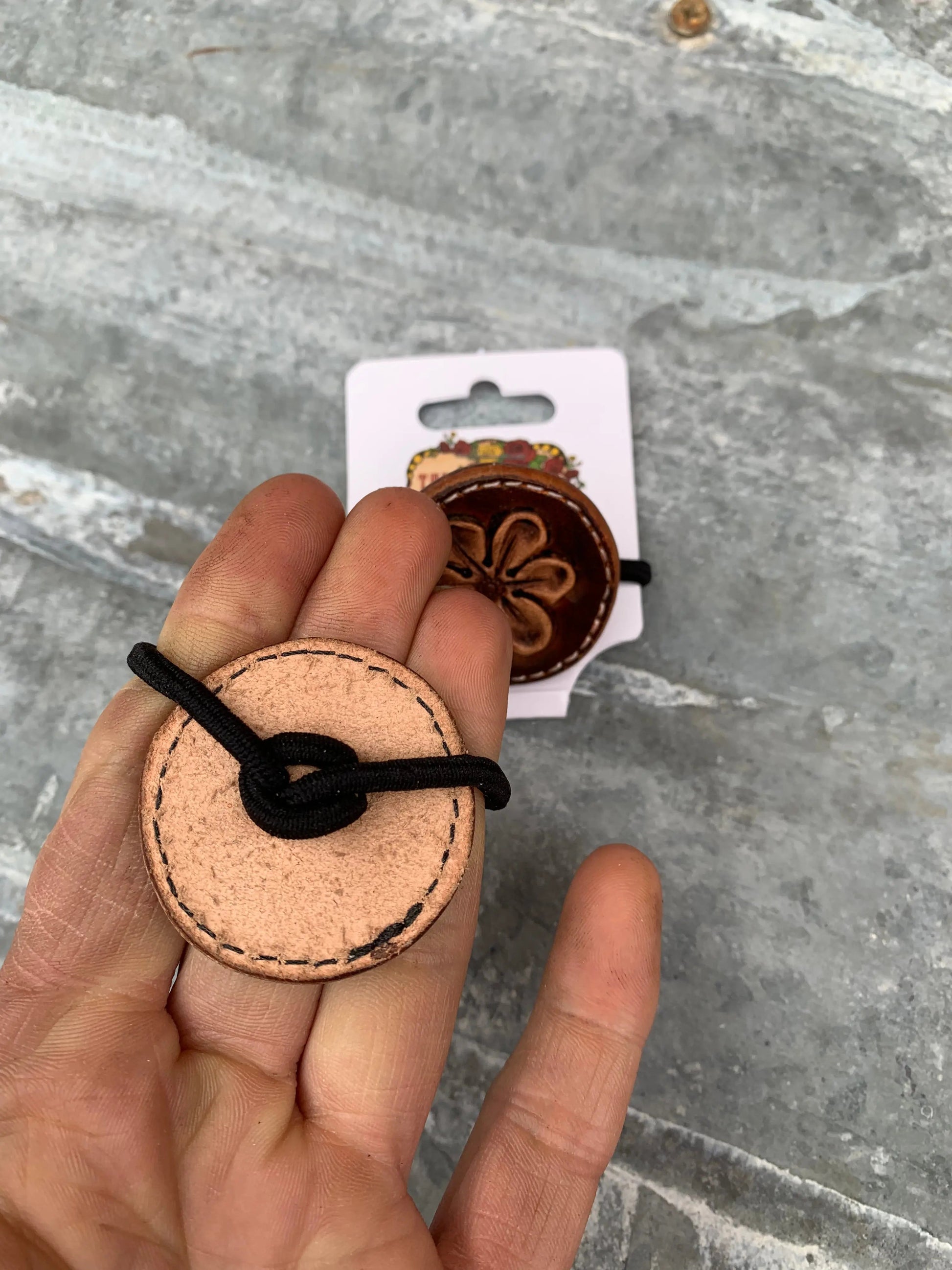 Hand Tooled Leather Hair-Tie with Daisy in Antique Brown The Rodeo Rose