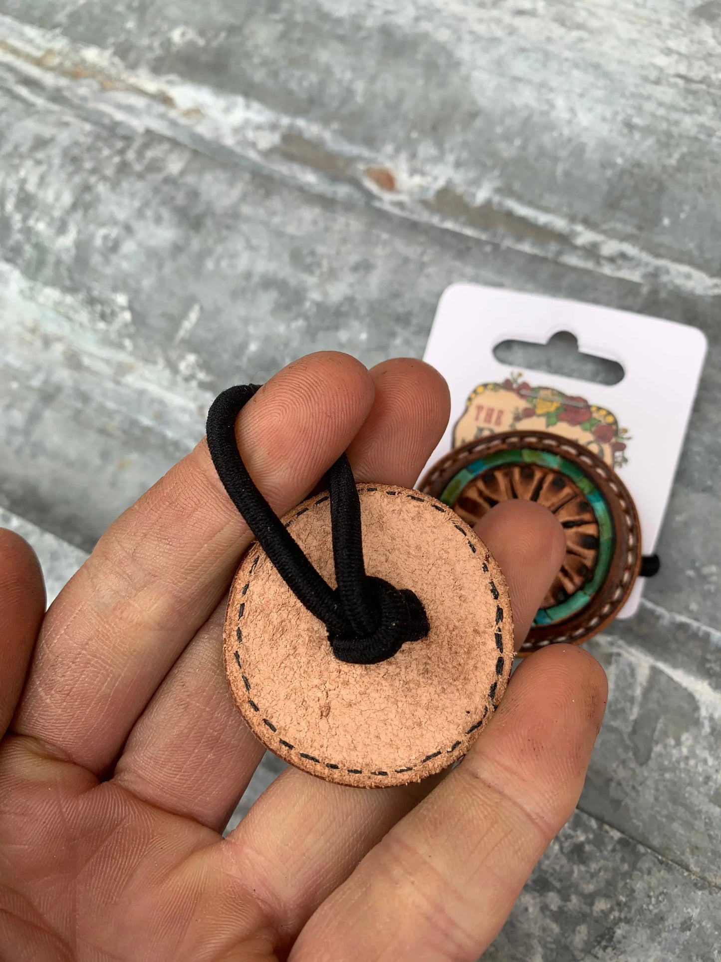 Hand Tooled Leather Hair-Tie with Floral and Turquoise Border The Rodeo Rose