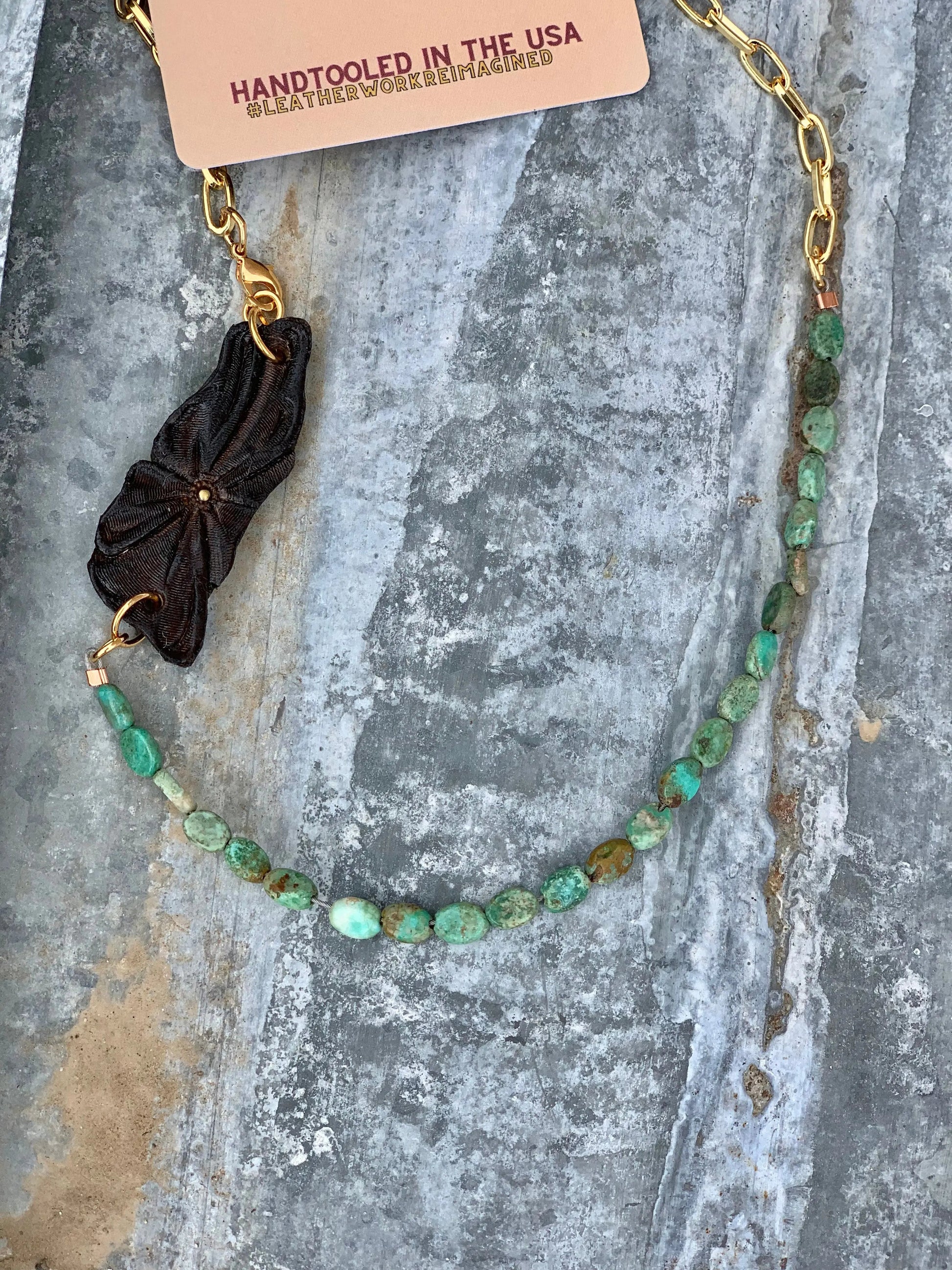 Hand tooled Long Sheridan Flower Necklace with Gold Chain and Turquoise The Rodeo Rose