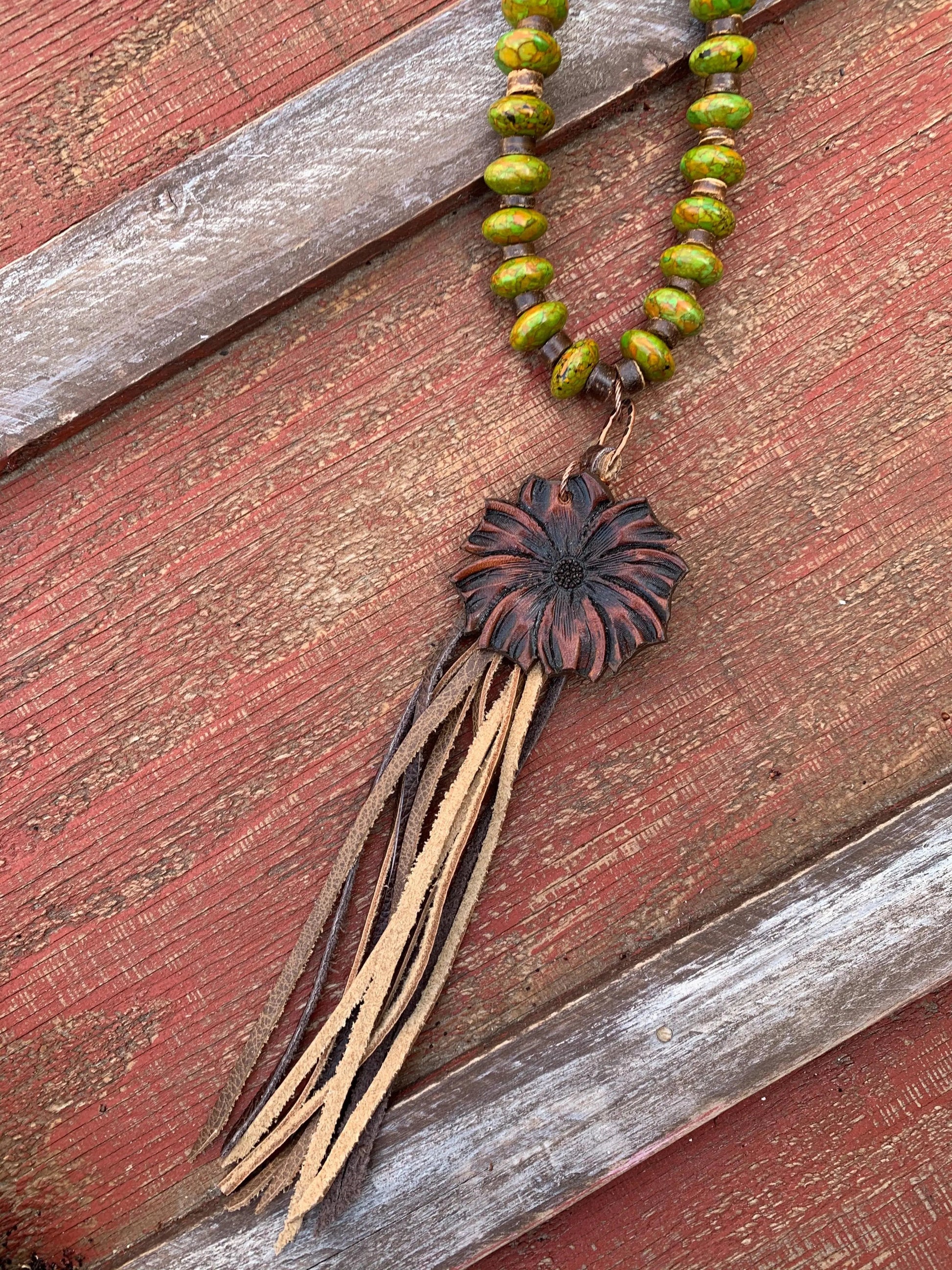The Mabel Necklace in Green Turquoise with Hand Tooled Pendant The Rodeo Rose