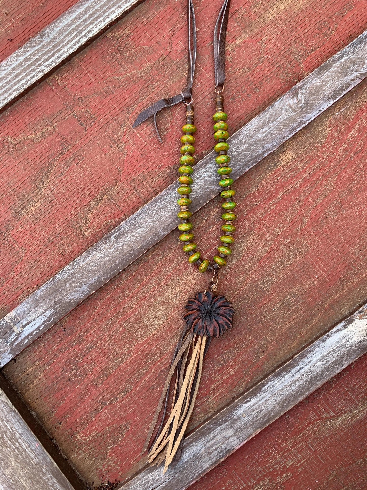 The Mabel Necklace in Green Turquoise with Hand Tooled Pendant The Rodeo Rose