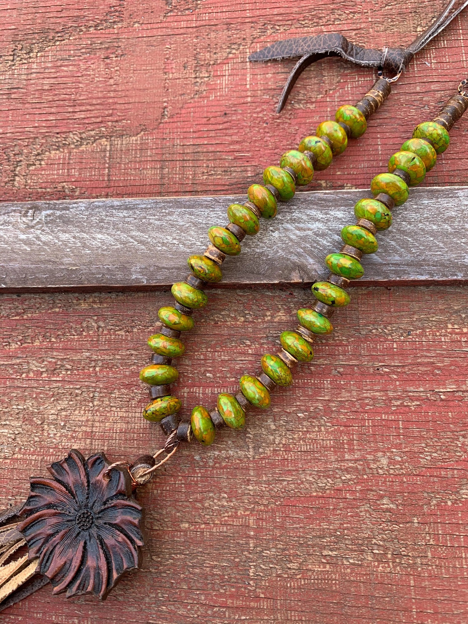 The Mabel Necklace in Green Turquoise with Hand Tooled Pendant The Rodeo Rose