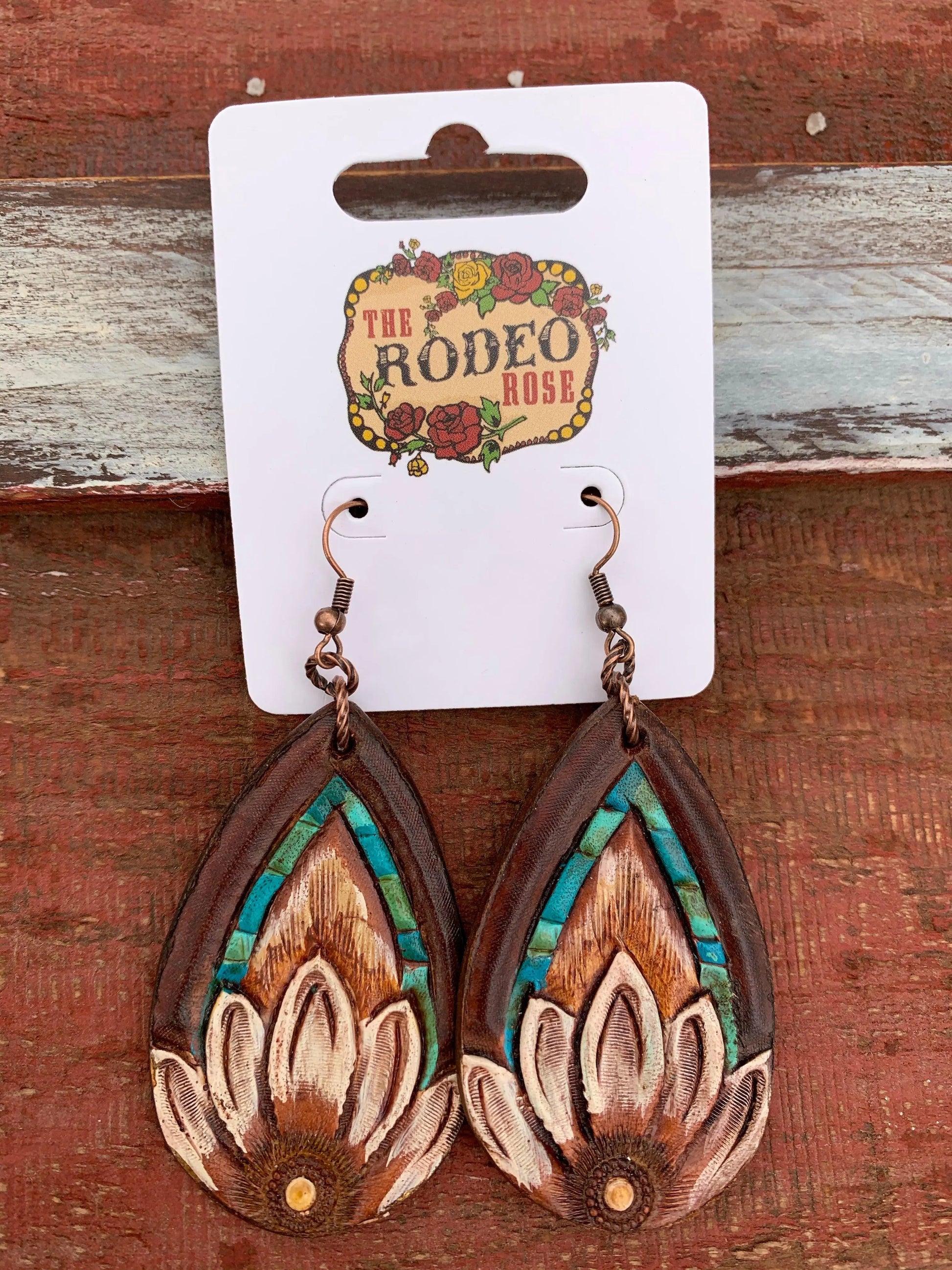 The Tad Hand tooled Leather Earring with Turquoise Border The Rodeo Rose